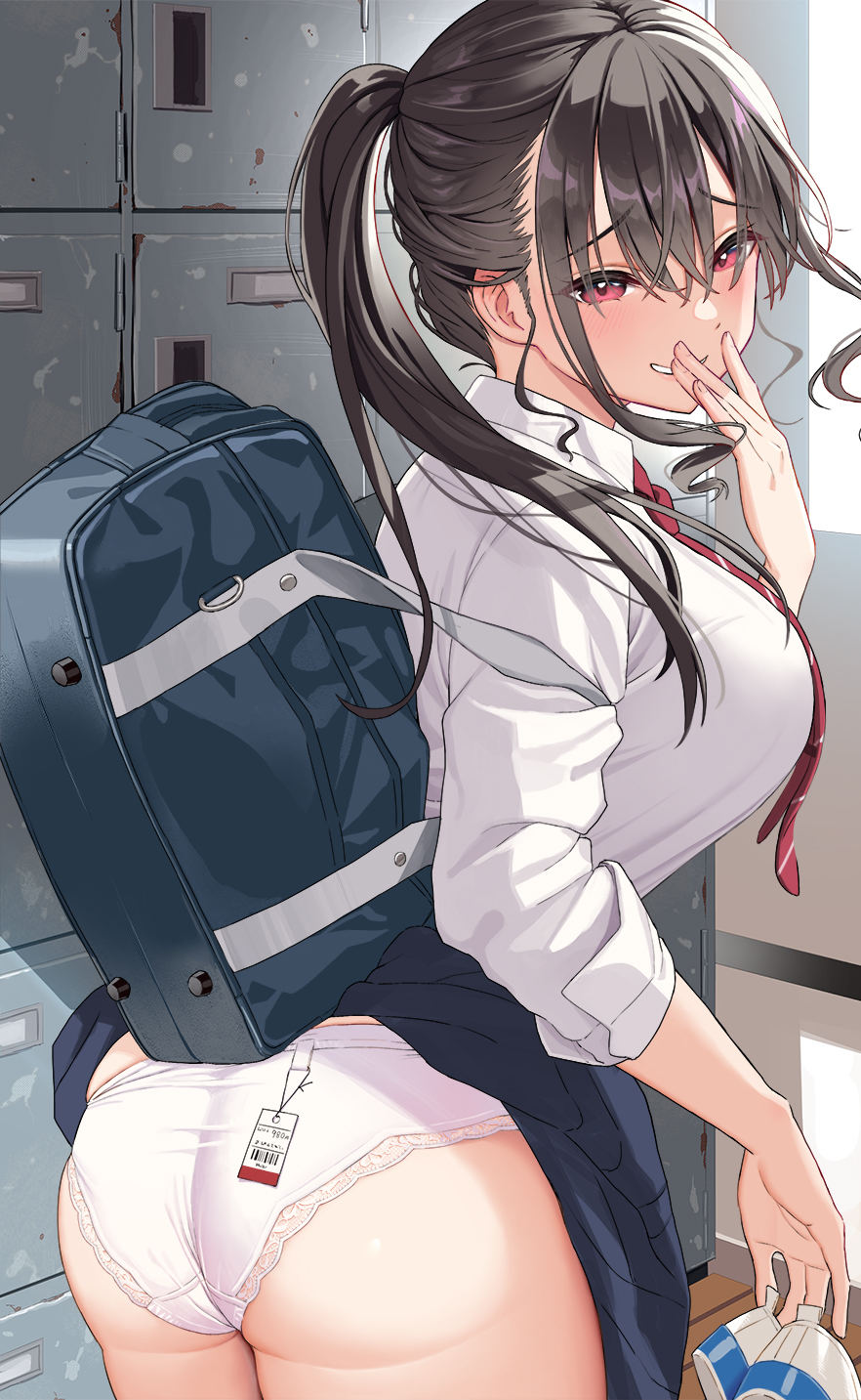 1girls ass big_ass big_breasts big_butt breasts eye_contact female female_only long_hair looking_at_viewer original panties ponytail red_eyes school_uniform schoolgirl solo standing surumenium thick_thighs thighs