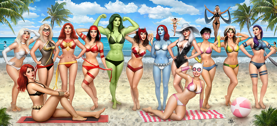 17girls 6+girls african african_female armwear asian asian_female avengers beach big_breasts bikini black_cat_(marvel) black_hair black_widow_(marvel) blonde_hair blue_skin breasts carol_danvers cleavage cleavage_cutout daredevil_(series) dark-skinned_female dark_skin elbow_gloves elektra_natchios emma_frost felicia_hardy female female_only fit fit_female gloves green_hair green_skin group gwen_poole gwenpool gwenpool_(series) harem_outfit hi_res highres janet_van_dyne jean_grey jubilee light-skinned_female lineup marvel marvel_comics masked_female medium_breasts ms._marvel ms._marvel_(carol_danvers) multiple_girls mutant mystique natasha_romanoff nathan_szerdy nszerdy ocean one-piece_swimsuit ororo_munroe pale pale-skinned_female pale_skin phoenix_(x-men) pink-tinted_eyewear pink_goggles pinup pose posing psylocke red_hair rogue_(x-men) sand scarlet_witch seductive seductive_smile she-hulk short_shorts shorts skin_tight smaller_female spider-man_(series) storm_(x-men) straight_hair sunglasses tinted_eyewear toned_female wanda_maximoff wasp_(marvel) wavy_hair white_hair widescreen x-men