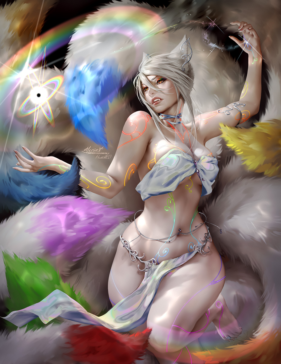 aleriia v, breasts, cleavage, female, female only, fox girl, fox tail, large breasts, lerapi, loincloth, multi tail, original, original character, prism (character), tail, tails, voluptuous, white hair