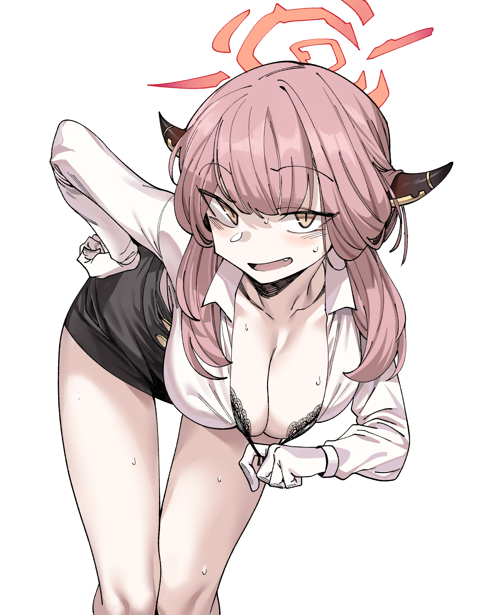 aru (blue archive), bare legs, black skirt, blue archive, bra, bra pull, breasts, cleavage, clothes pull, eyebrows visible through hair, female, gloves, halo, hand on hip, highres, horned female, horned humanoid, large breasts, leaning forward, long hair, looking at viewer, oerba yun fang, open mouth, pink hair, shirt, simple background, skirt, solo, sweat, underwear, urec, white background, white shirt, yellow eyes