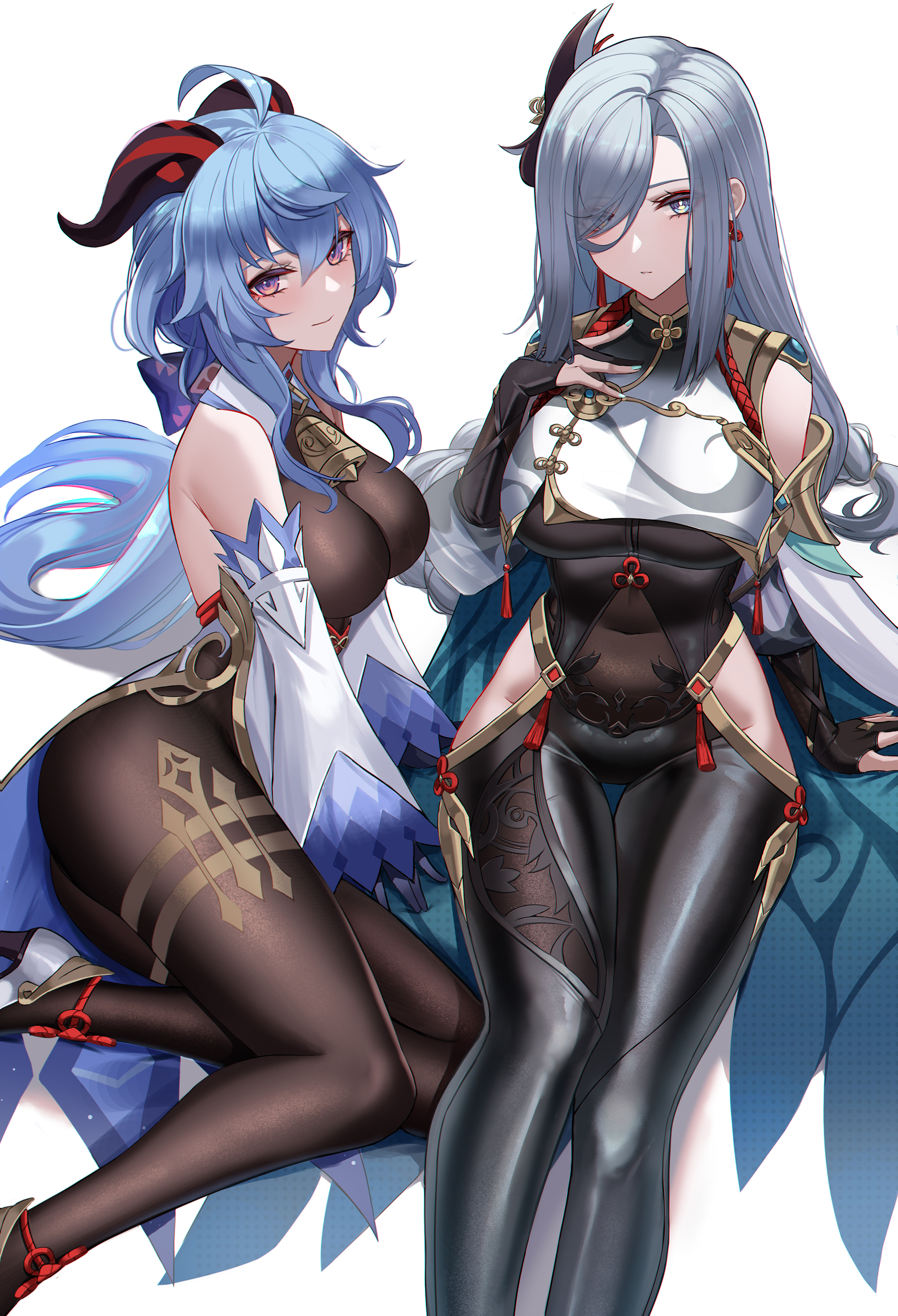 2girls, absurdres, ahoge, bangs, bare shoulders, bell, black bodysuit, black gloves, blue hair, bodysuit, breast curtain, breasts, brown bodysuit, cape, closed mouth, covered navel, detached sleeves, earrings, eternity (shadeh), feet out of frame, female, female only, ganyu (genshin impact), genshin impact, gloves, hair between eyes, hair over one eye, high heels, highres, horns, jewelry, large breasts, long hair, long sleeves, looking at viewer, purple eyes, shenhe (genshin impact), silver hair, simple background, sitting, thigh gap, very long hair, white background