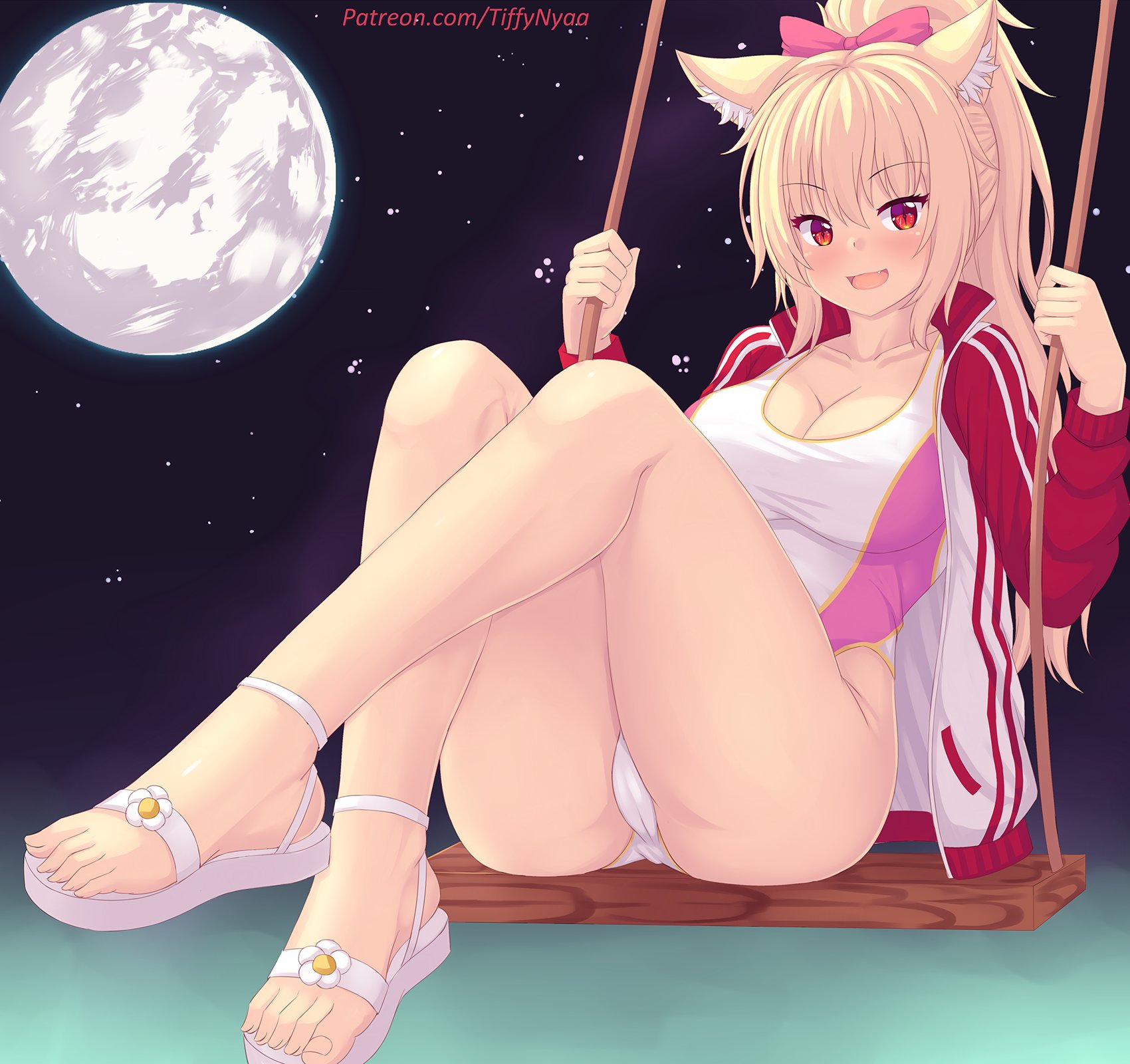 animal ears, ass, blonde hair, blush, bow, breasts, cameltoe, cleavage, female, hairbow, jacket, looking at viewer, no pants, one-piece swimsuit, open clothes, open jacket, original, ponytail, pussy, red eyes, sandals, swimsuit, swing, tagme, thighs, tiffy, tiffynyaa