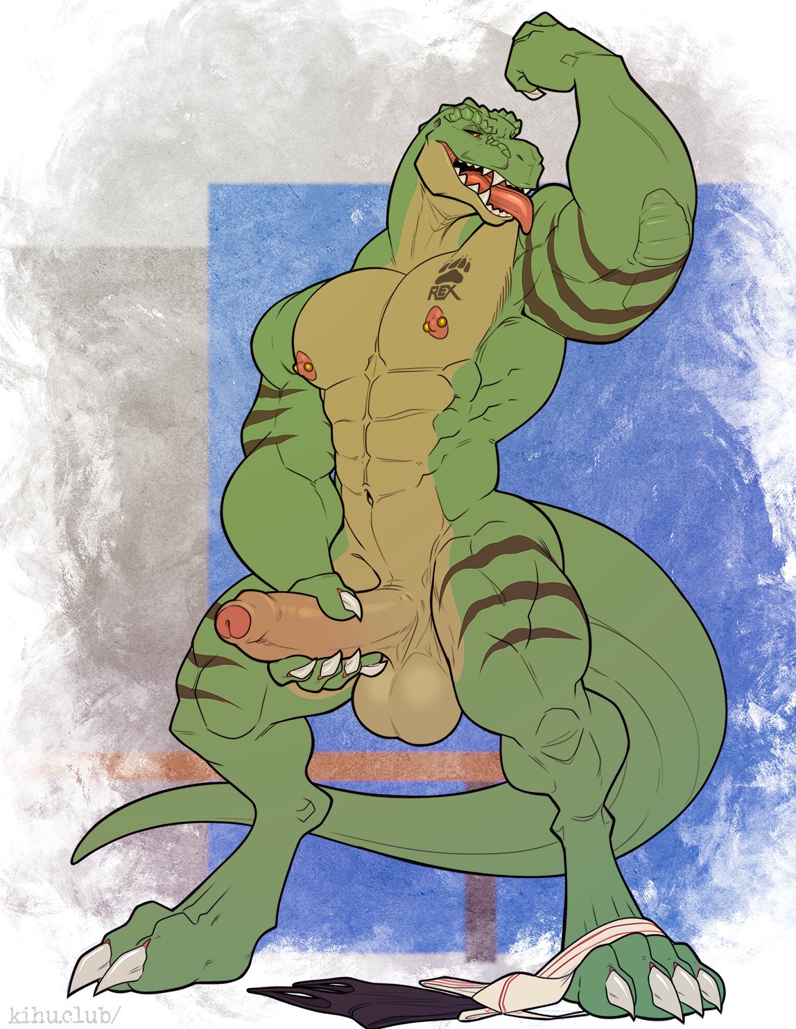 anthro balls big_balls big_penis clothed clothing digitigrade dinosaur discarded_clothing foreskin genitals green_body green_scales hand_on_penis hi_res huge_balls huge_cock humanoid_genitalia humanoid_penis jockstrap kihu licking male male_only markings muscular muscular_male nipple_piercing nipples nude open_mouth partially_clothed penis piercing reptile scales scalie self_lick solo striped_markings stripes tongue tongue_out uncircumcised underwear underwear_around_one_leg underwear_down