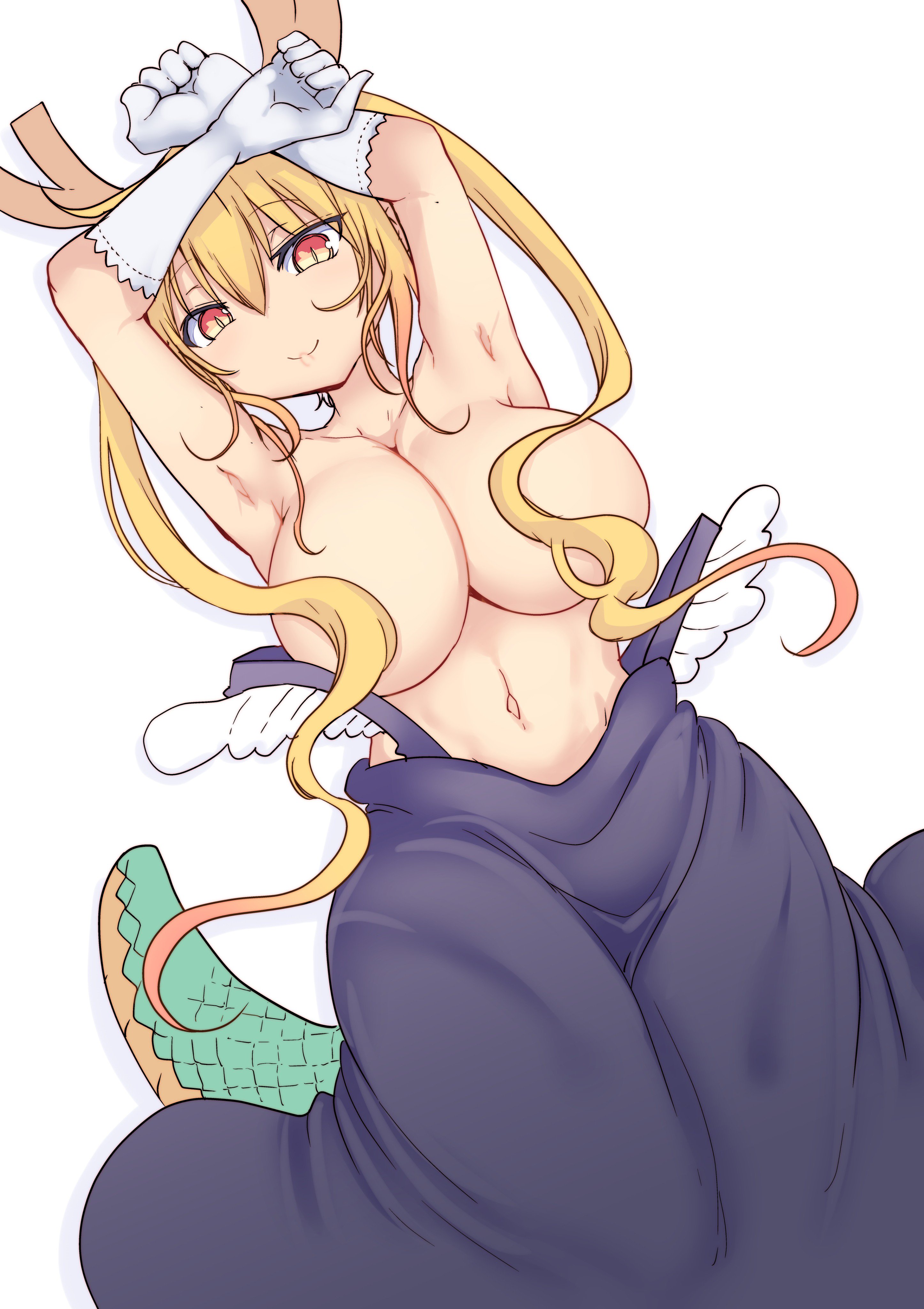 1girls, bangs, belly, belly button, big breasts, blonde, blonde hair, breasts, cool-kyou shinja, dragon, dragon girl, dragon tail, fair skin, female, female focus, female only, hair covering breasts, horns, large breasts, light skin, light-skinned female, long hair, looking at viewer, midriff, miss kobayashi's dragon maid, monster girl, navel, skirt, solo, solo female, solo focus, tail, tohru (dragon maid), topless, topless female