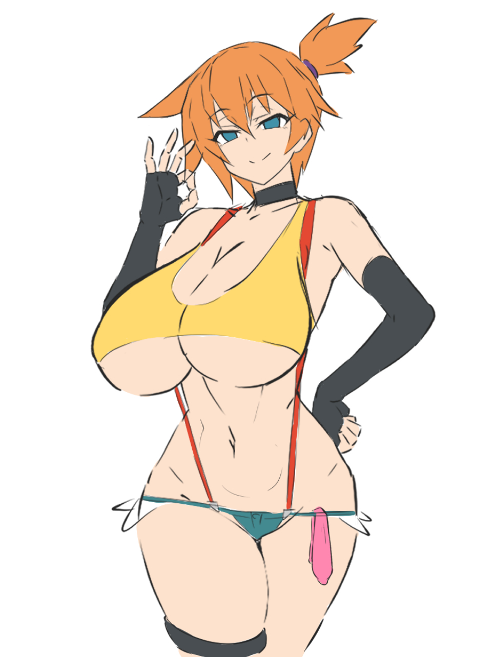 adapted costume, alternate breast size, armpits, asymmetrical hair, bare arms, bare legs, bare shoulders, blush, breast slip, breasts, cleavage, clothing, condom, condom accessories, cowboy shot, dd (artist), denim, denim shorts, earrings, female, gloves, green eyes, gym leader, high resolution, huge breasts, kasumi (pokemon), large breasts, legs, looking at viewer, navel, nintendo, orange hair, pokemon, pokemon (game), pokemon character, pokemon rgby, ponytail, shirt, short hair, short shorts, shorts, side ponytail, simple background, smile, solo, standing, tank top, thick thighs, thighs, tied hair, underboob, white background, white shirt, wide hips