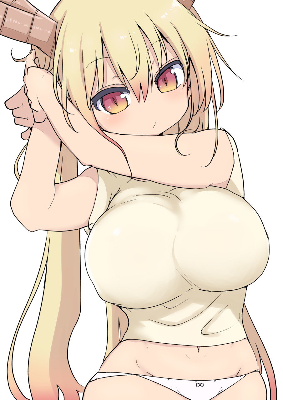 1girls, 2022, bangs, belly, belly button, big breasts, blonde, blonde hair, breasts, cool-kyou shinja, dragon, dragon girl, dragon tail, fair skin, female, female focus, female only, horns, large breasts, light skin, light-skinned female, long hair, midriff, miss kobayashi's dragon maid, monster girl, navel, panties, solo, solo focus, tail, tohru (dragon maid)