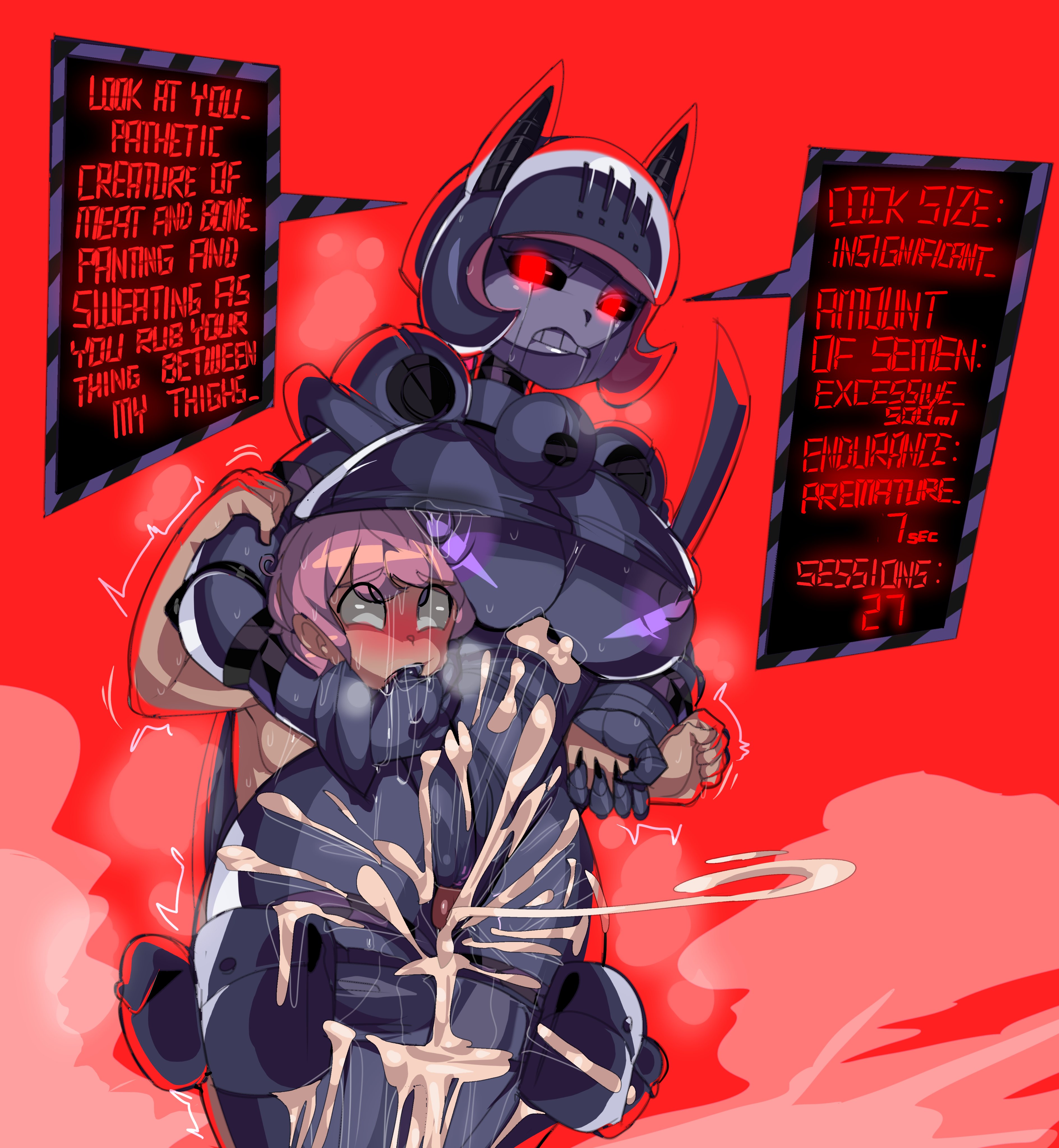 captain kirb, cum, cum on thighs, dominant female, domination, ejaculation between thighs, excessive cum, female, femdom, male, malesub, original character, premature ejaculation, purrminator robo-fortune, robo-fortune, robot, robot girl, sex, size difference, skullgirls, submissive, submissive male, tagme, taunting, text, thigh sex, thighjob