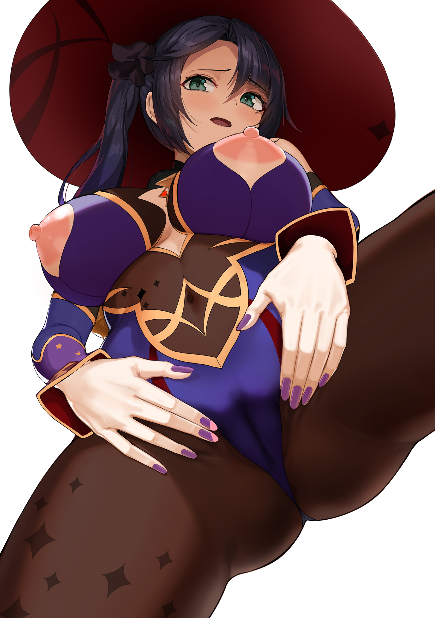 1girls, 2022, alternate breast size, areolae, black hair, blush, breast cutout, breasts, cameltoe, erect nipples, female, female only, genshin impact, greem bang, green eyes, hat, highleg leotard, hips, huge breasts, large areolae, large hat, leggings, leotard, long hair, low-angle view, mona (genshin impact), nipples, painted nails, purple leotard, pussy, simple background, slim waist, spread pussy, thick thighs, thighs, tight clothing, tight fit, twintails, vagina, white background, wide hips, witch hat
