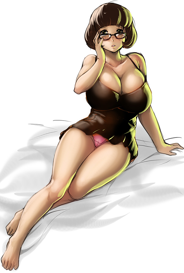 artist request, bed, big breasts, blush, breasts, brown hair, cameltoe, cartoon network, cleavage, clothed, dominictomatto, female, glasses, hanna-barbera, huge breasts, looking at viewer, night gown, panties, pussy, scooby-doo, seductive, short hair, thick thighs, velma dinkley