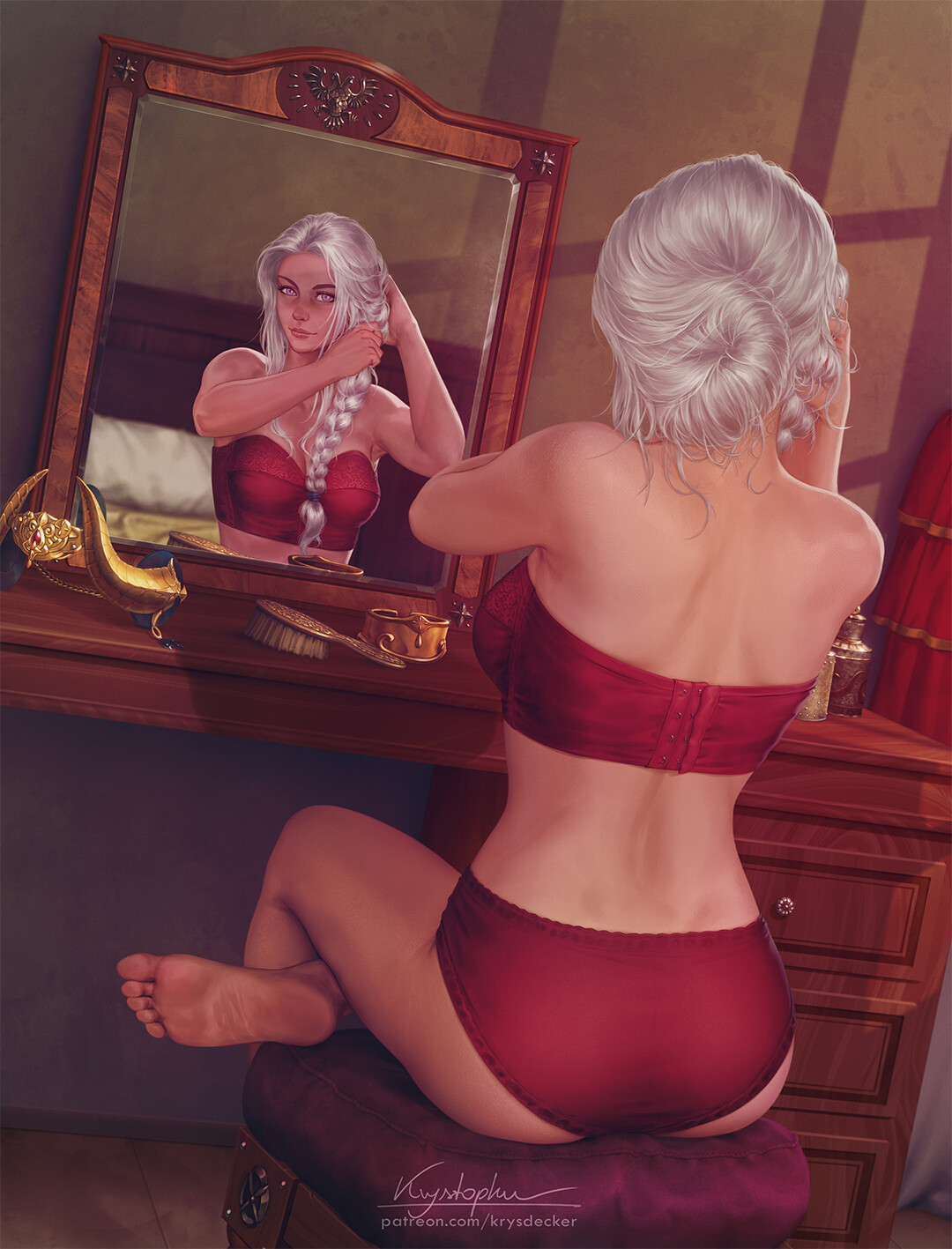 1girls, artist signature, back, back view, barefoot, braid, crown, desk, detailed background, edelgard von hresvelg, feet, female, female only, fire emblem, fire emblem: three houses, hi res, human, krysdecker, light skin, light-skinned female, long hair, looking at mirror, mirror, nintendo, no sex, realistic, red underwear, sitting, soles, toes, underwear, white hair