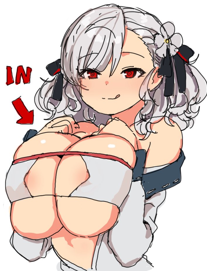 arrow (symbol), breasts, cleavage, female, girls' frontline, hair ribbon, huge breasts, jorin, long hair, looking at viewer, official alternate costume, paizuri invitation, red eyes, ribbon, silver hair, sketch, smile, solo, spas-12 (girls' frontline), spas-12 (midsummer fruit) (girls' frontline), twintails, upper body, wavy hair