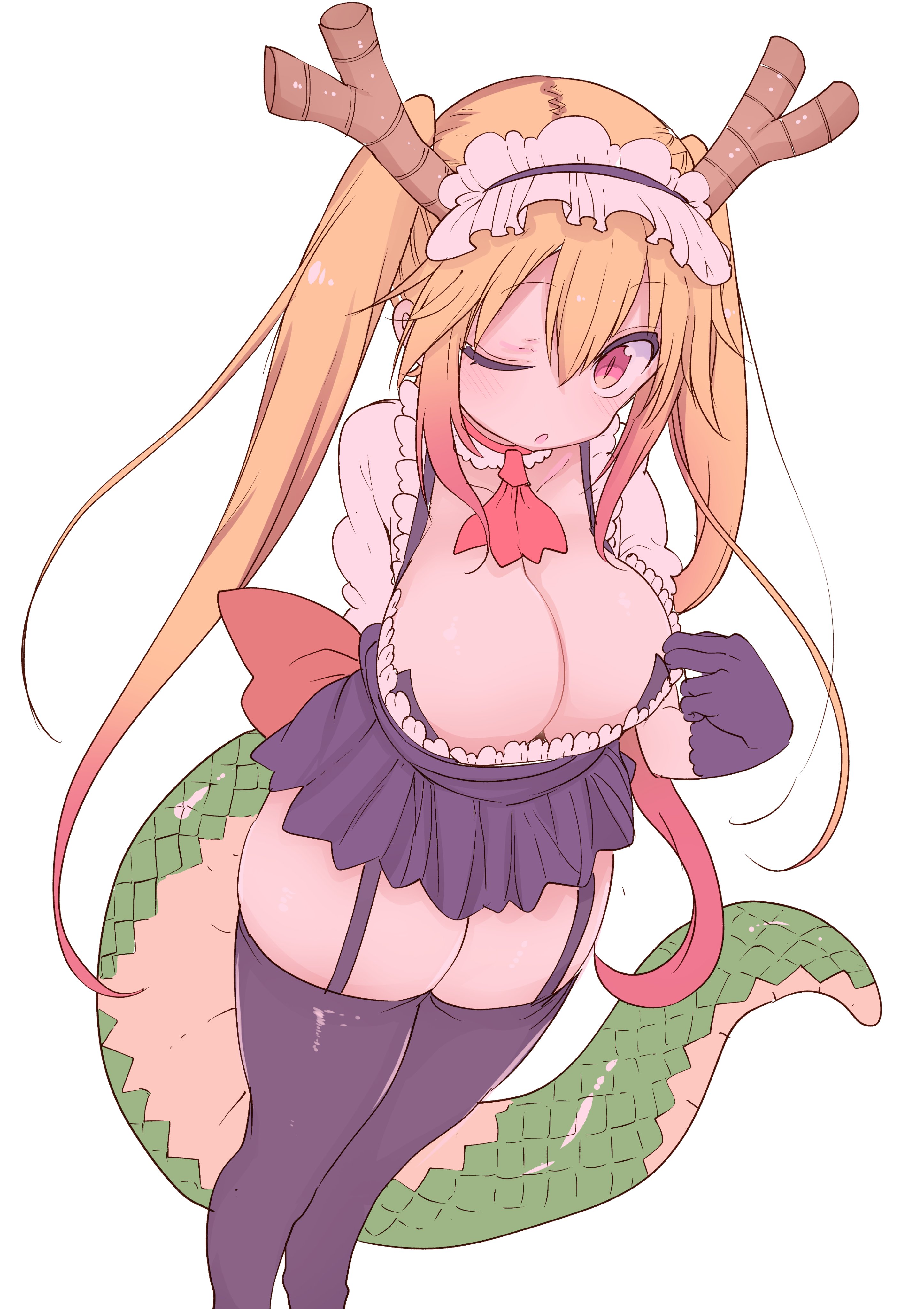 ;o, 1girls, black gloves, black legwear, blonde hair, blush, breasts, cleavage, collarbone, cool-kyou shinja, dragon girl, dragon horns, dragon tail, eyebrows visible through hair, feet out of frame, female, garter straps, gloves, hair between eyes, horns, large breasts, large tail, long hair, looking at viewer, maid headdress, miss kobayashi's dragon maid, one eye closed, orange eyes, red eyes, red neckwear, scales, simple background, solo, standing, tail, thighhighs, thighs, tohru (dragon maid), twintails, white background