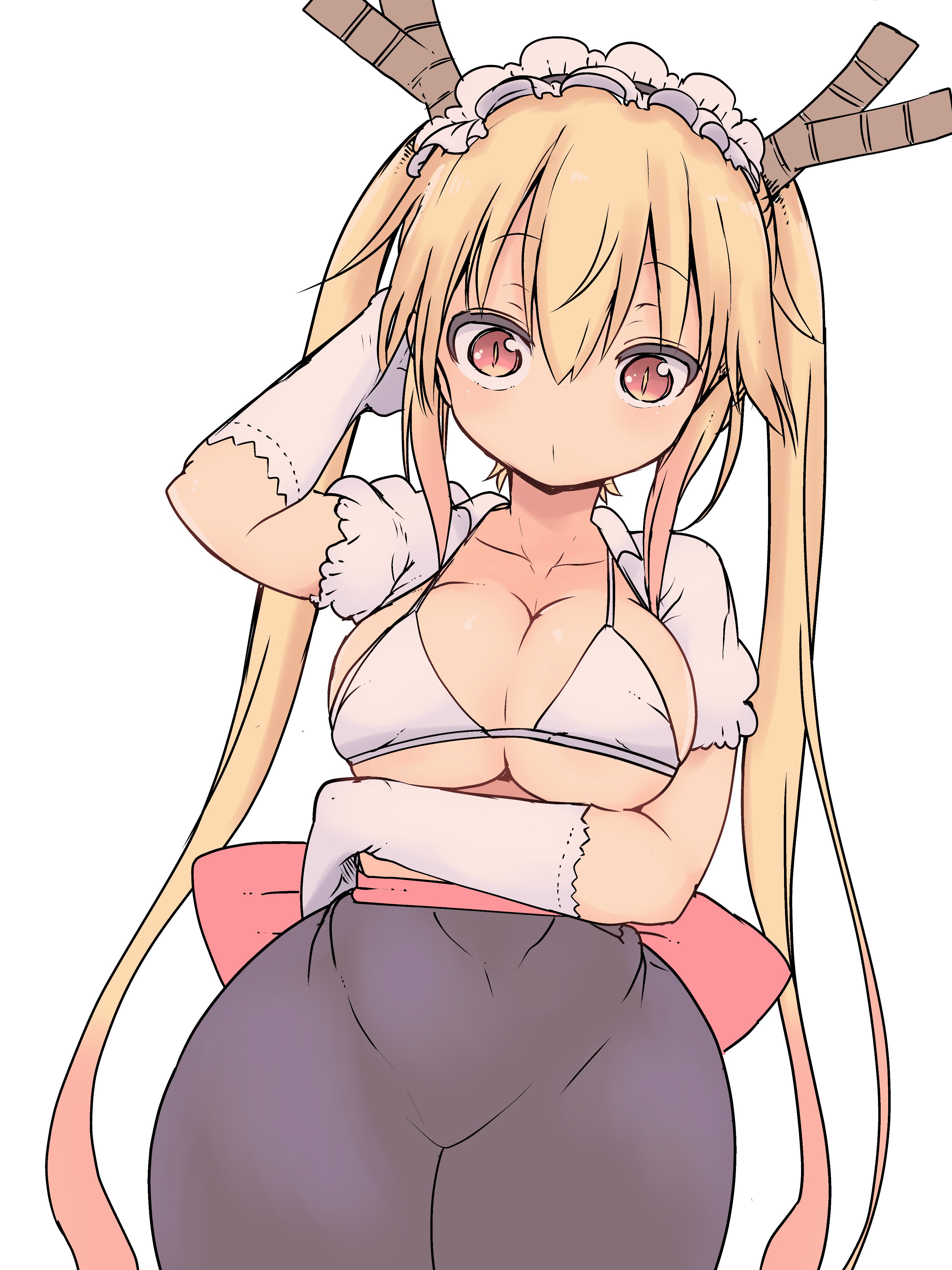 1girls, bangs, belly, belly button, big breasts, blonde, blonde hair, breasts, cool-kyou shinja, dragon, dragon girl, dragon tail, fair skin, female, female focus, female only, horns, large breasts, light skin, light-skinned female, long hair, midriff, miss kobayashi's dragon maid, monster girl, navel, solo, solo female, solo focus, tail, tohru (dragon maid)