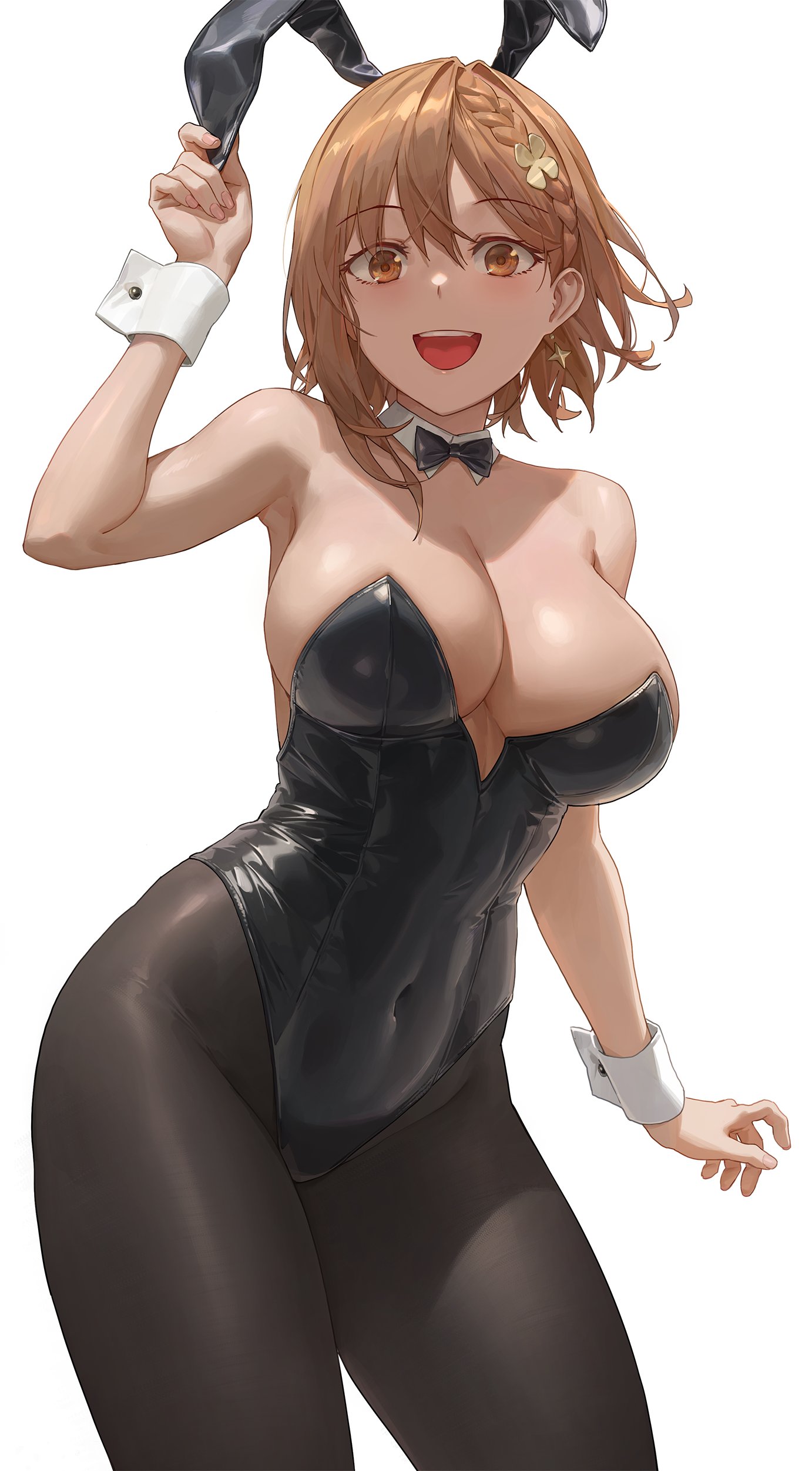 1girls, atelier (series), atelier ryza, big breasts, black leotard, breasts, brown eyes, brown hair, bunny ears, bunny girl, bunnysuit, clothed, female, huge breasts, leotard, light skin, light-skinned female, reisalin stout, short hair, smile, thick thighs, wide hips, yohan1754
