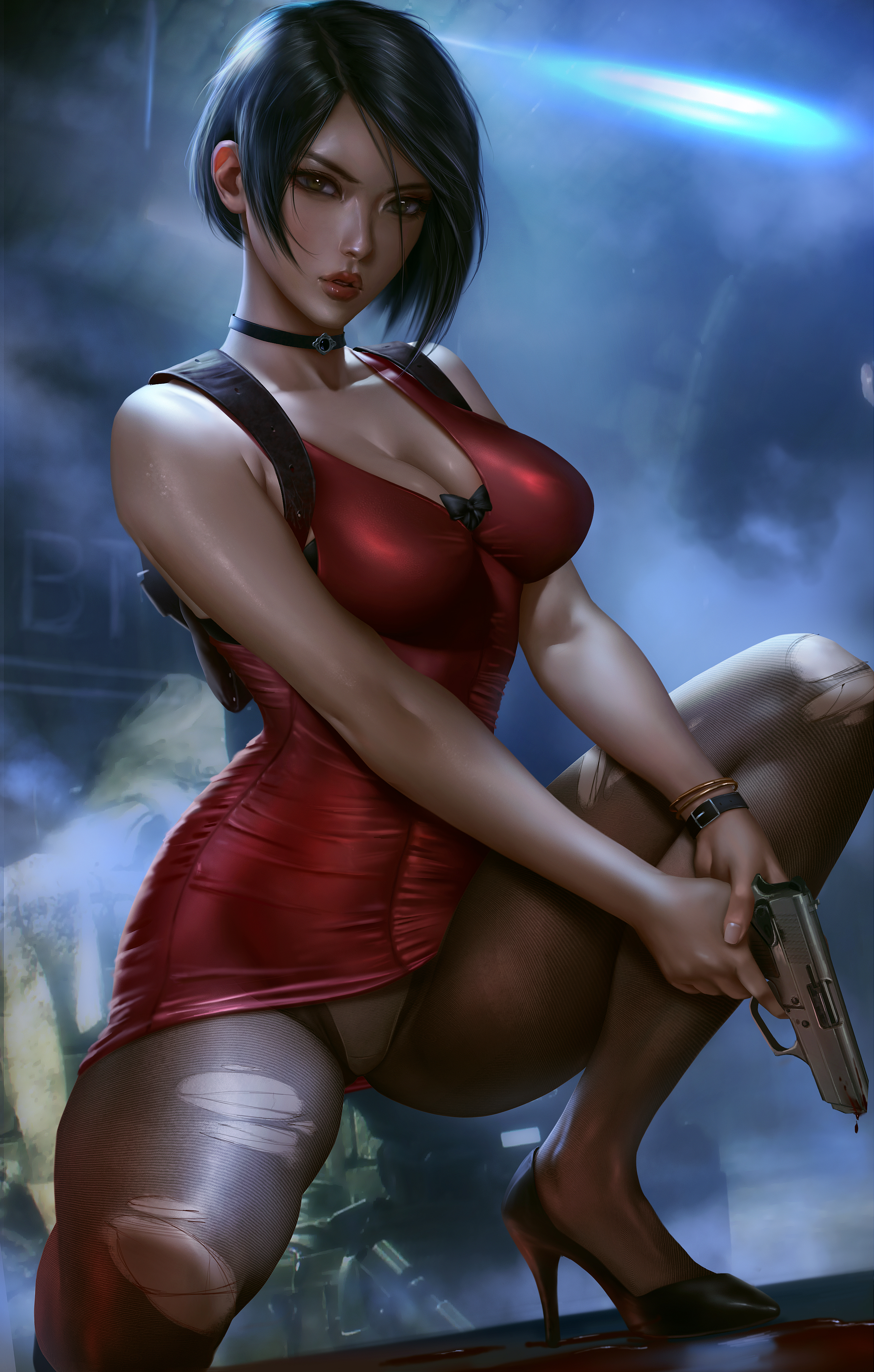 1girls, 5 fingers, action pose, ada wong, ada wong (adriana), black hair, bracelet, breasts, brown eyes, capcom, cleavage, clothed, clothed female, clothes, clothing, color, colored, dark hair, detailed background, dress, female, female only, firearm, footwear, gun, hair, handgun, heels, high heels, high resolution, highres, holding gun, holding object, holding weapon, holster, human, human only, indoors, inside, jewelry, lipstick, logan cure, looking at viewer, makeup, medium breasts, panties, pantyhose, pantyshot, pistol, pose, posing, resident evil, resident evil 2, resident evil 2 remake, shoes, short hair, solo, torn clothes, torn clothing, torn pantyhose, weapon, wristwatch