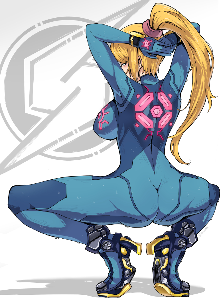 1girls 2022 arms_behind_head arms_up ass ass_focus back big_ass blonde_hair blue_bodysuit blue_eyes bodysuit breasts facing_away female female_only full_body hands_behind_head high_heels high_ponytail highres large_breasts logo long_hair long_ponytail looking_at_viewer looking_back metroid nintendo ponytail pose samus_aran shadow skin_tight solo squatting suzusiigasuki thighs tied_hair tomboy wet white_background zero_suit zero_suit_samus