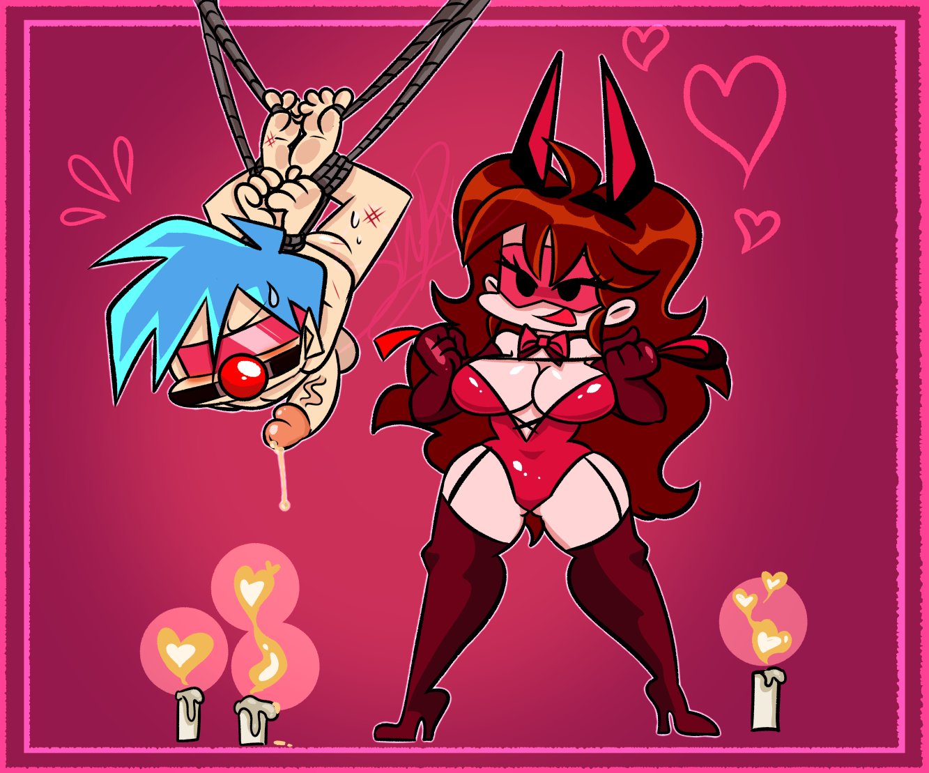 ball gag, bdsm, bedroom eyes, blindfold, blue hair, blush, blushing, bondage, bondage gear, boots, bowtie, boyfriend (friday night funkin), brown hair, bunny ears, candle, candlelight, candles, clothed female nude male, cum, dominatrix, dripping cum, elbow gloves, female, femdom, friday night funkin, gagged, girlfriend (friday night funkin), gloves, high heel boots, high heels, holding object, holding whip, latex, latex boots, latex gloves, male, male focus, malesub, mask, masked, masked female, pixelzsinful, riding crop, rope, rope bondage, rope harness, shiny, straight, suspension, suspension bondage, sweat, sweatdrop, thick thighs, thighhighs, whip, whip marks