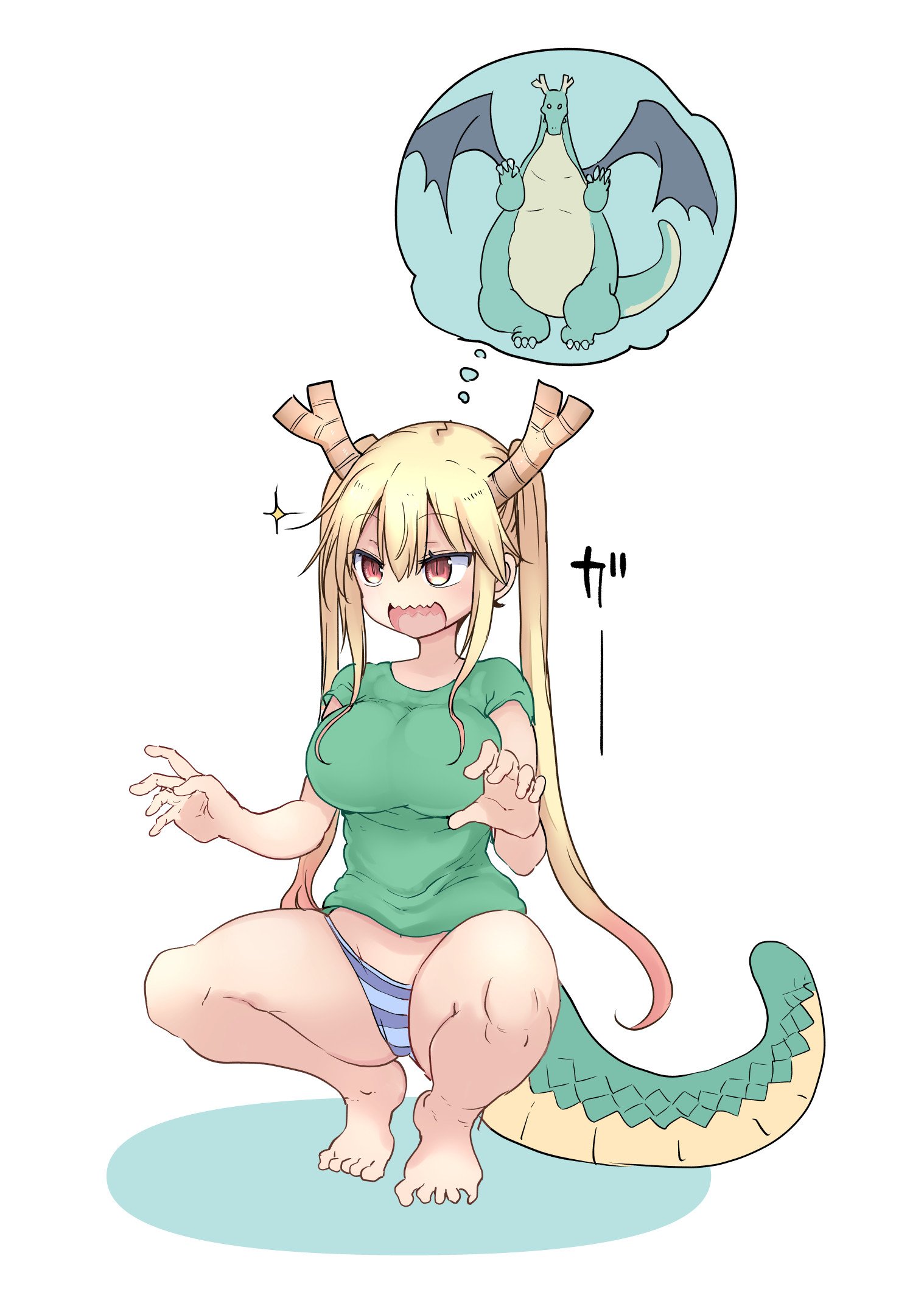 1girls, bangs, belly, belly button, big breasts, blonde, blonde hair, breasts, cool-kyou shinja, crouching, dragon, dragon girl, dragon tail, fair skin, female, female focus, female only, horns, large breasts, light skin, light-skinned female, long hair, midriff, miss kobayashi's dragon maid, monster girl, navel, panties, solo, solo female, solo focus, tail, tohru (dragon maid)