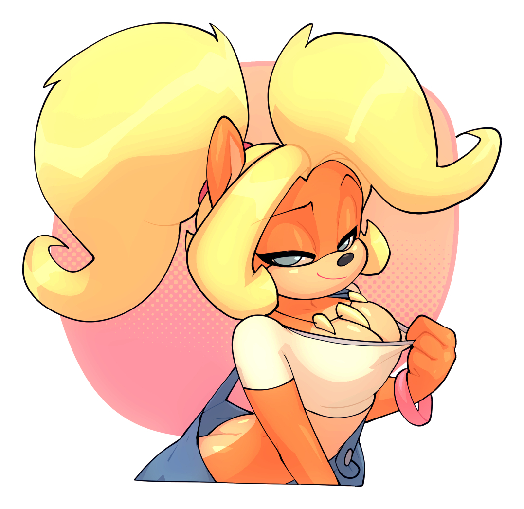 1girls, anthro, artist request, ass, ass cleavage, ass crack, big breasts, bigdad, blonde hair, blue eyes, breasts, busty, butt crack, cleavage, clothed, clothing, coco bandicoot, crash (series), female, fur, furry, furry only, hi res, large breasts, looking at viewer, naughty face, necklace, no bra, nothing under overalls, overalls, ponytail, seductive, shirt, shirt pull, smile, smug, solo, teasing
