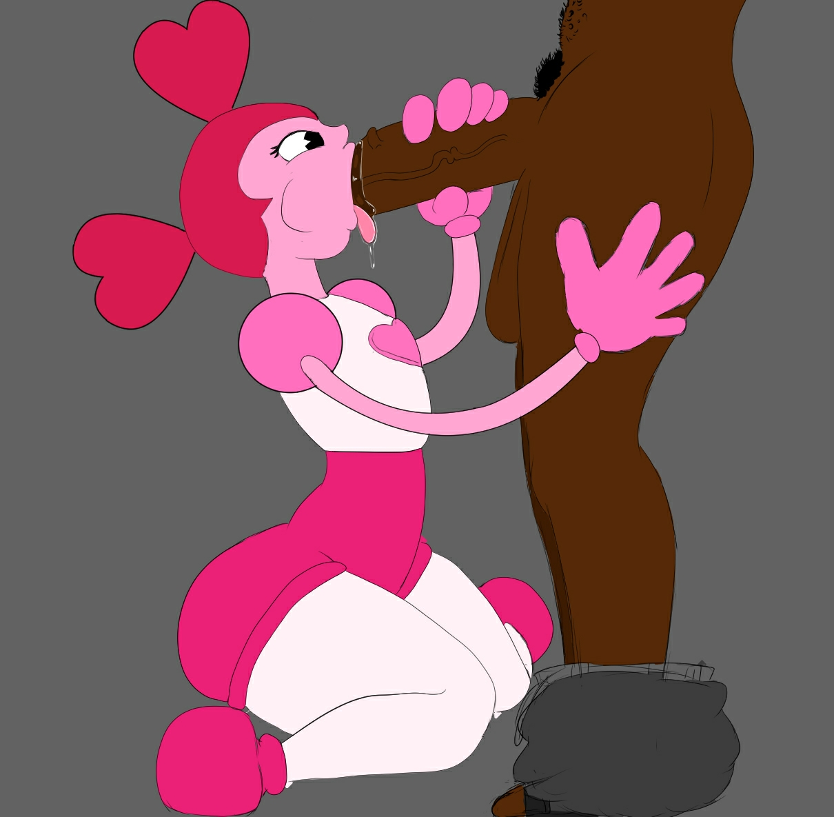 1boy, 1girls, big penis, blowjob, clothed female, dark skin, dark-skinned male, fellatio, female, flat chest, flat colors, gem (species), gloves, grabbing penis, grey background, interspecies, kneeling, large penis, male, oral, penis, reset spinel (steven universe), saliva trail, simple background, spinel (steven universe), steven universe, tagme, thick thighs, tongue, tongue out, twintails, unseen male face, yamathegod