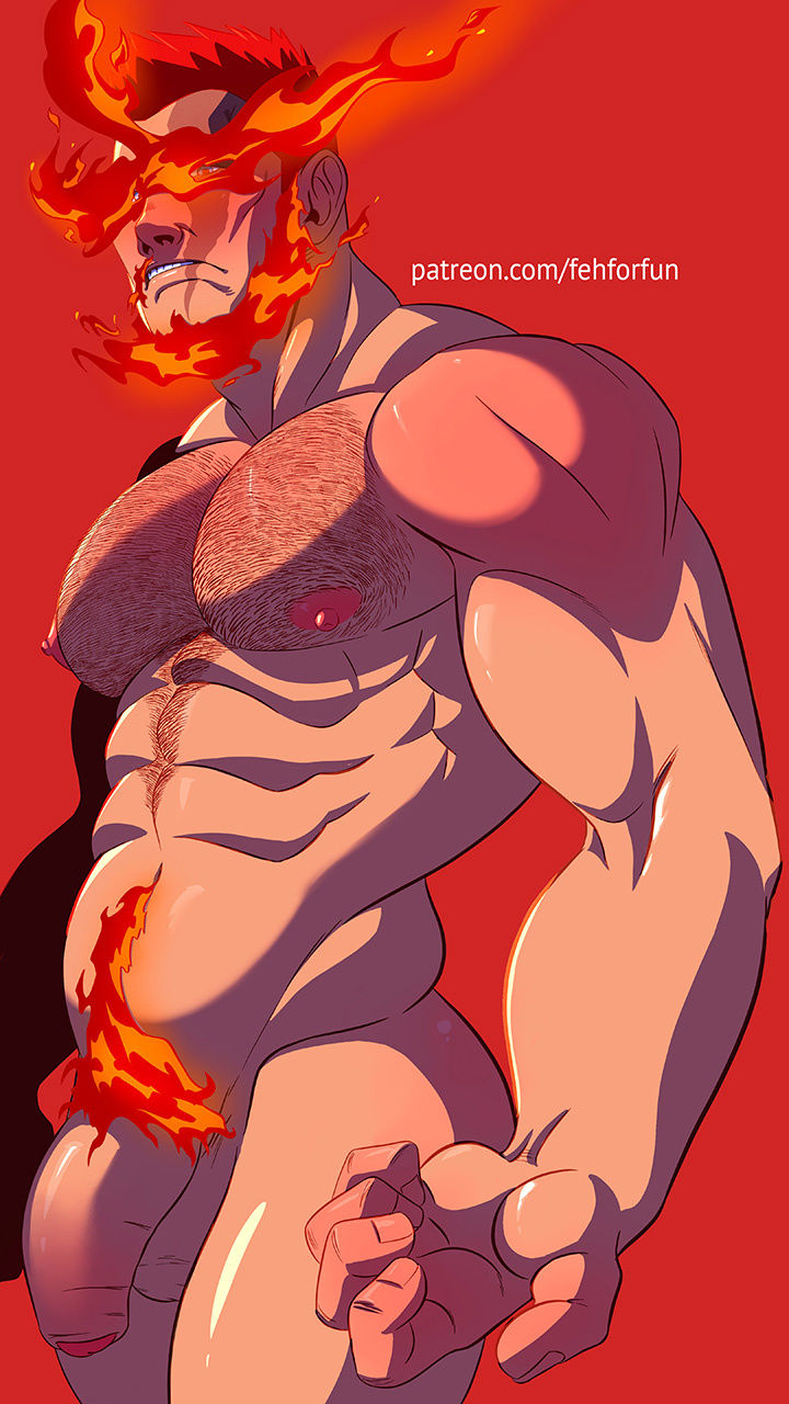 1boy balls bara dilf endeavor_(my_hero_academia) enji_todoroki fehforfun fire gay male male_only muscles muscular my_hero_academia nude penis solo solo_focus