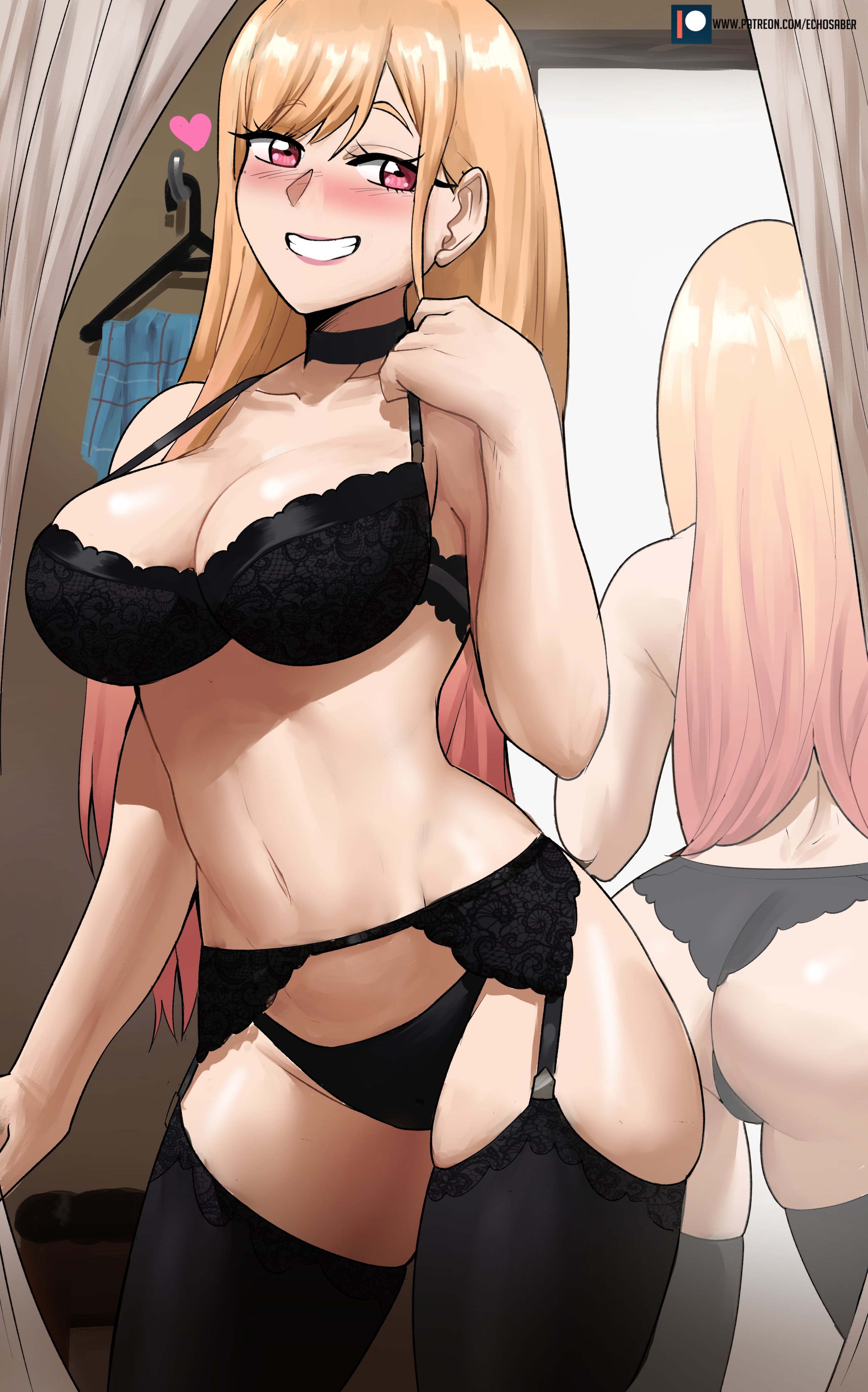 black bra, black lingerie, black thong, blonde hair, blush, bra, curvy, echosaber, female, garter belt, garter straps, gyaru, kitagawa marin, lingerie, long hair, mirror, sono bisque doll wa koi wo suru, thick thighs