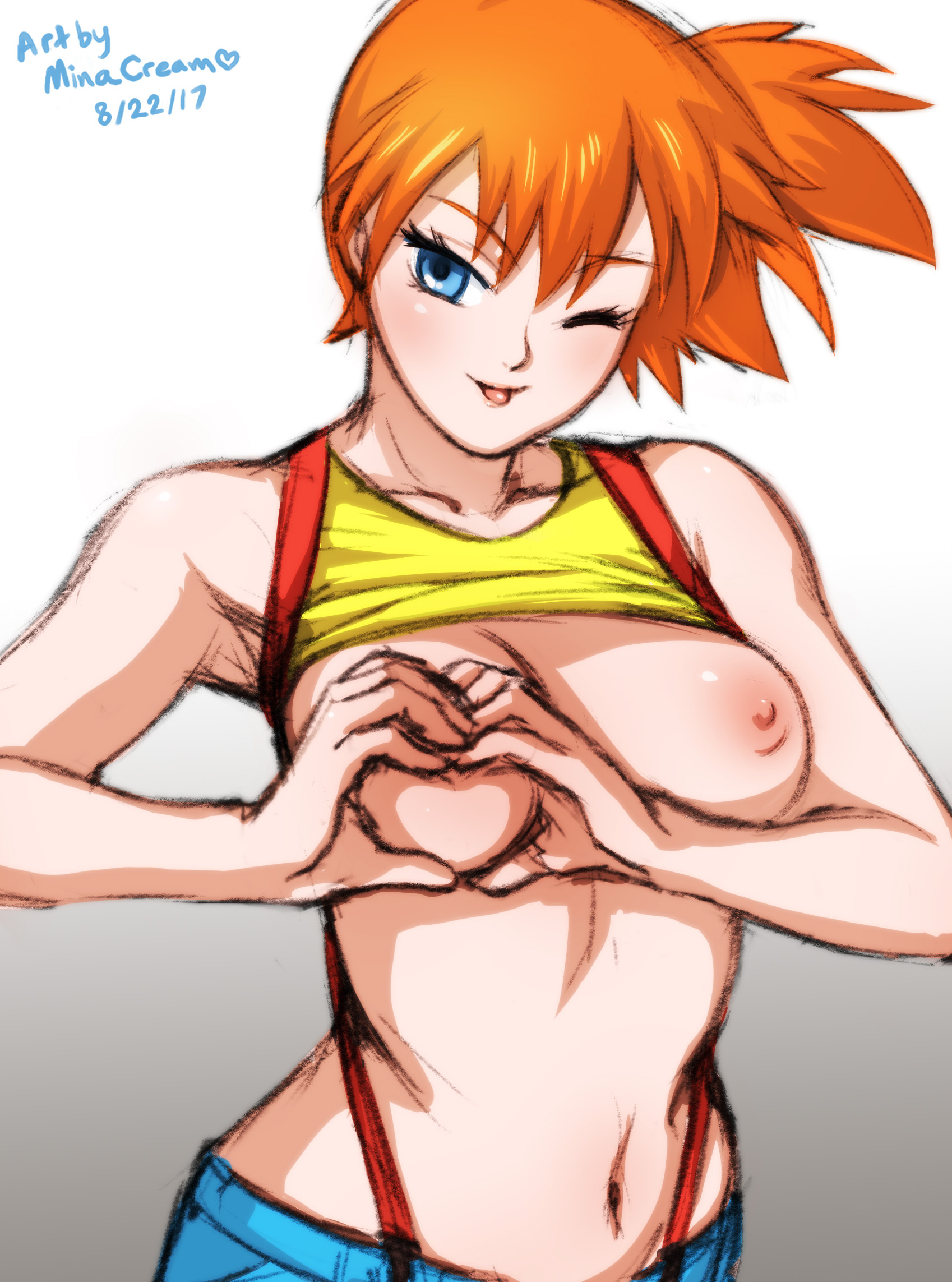 1girls, areolae, armpits, asymmetrical hair, blue eyes, blue shorts, blush, breasts, clothing, denim, denim shorts, female, female only, footwear, game freak, gen 1 pokemon, gradient, gradient background, heart-shaped boob challenge, heart-shaped breast challenge, high resolution, holding, kasumi (pokemon), minacream, misty (pokemon), nintendo, nipples, one eye closed, orange hair, orange-haired female, pokemon, pokemon (anime), pokemon (classic anime), pokemon rgby, ponytail, shirt, shoes, short hair, short shorts, shorts, side ponytail, simple background, solo, solo female, suspender shorts, suspenders, tank top, tied hair, tomboy, tongue, tongue out, wink, yellow shirt