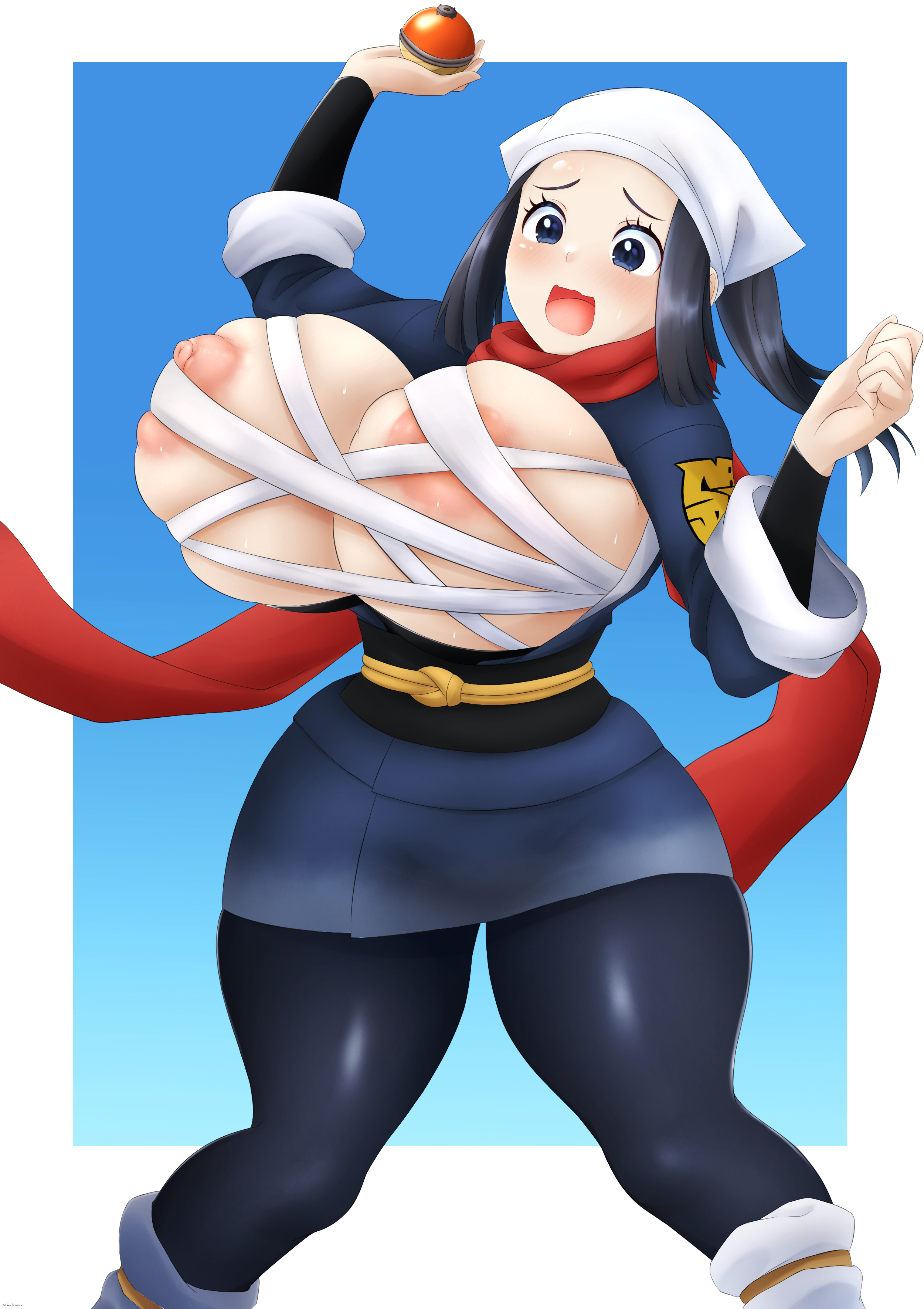 1girls, akari (pokemon), alternate breast size, areolae, big breasts, blue eyes, blue hair, blush, breasts, female, huge breasts, large breasts, long hair, mhaknow, nintendo, nipples, pokemon, pokemon legends: arceus, scarf, solo, standing, thick thighs, thighs, wide hips