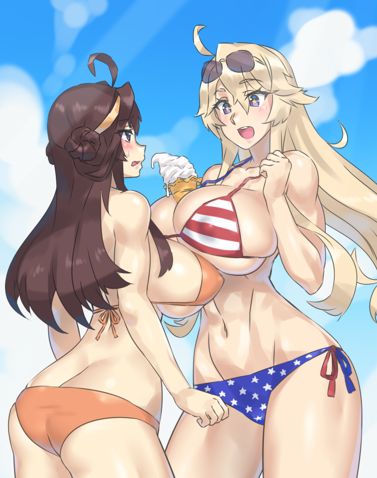 2girls abs ahoge american_flag_bikini ass ass_cleavage asymmetrical_docking between_breasts bikini blonde_hair blue_eyes blush breast_press breasts brown_hair butt_crack collarbone covered_nipples day double_bun eyewear_on_head flag_print food headband height_difference huge_breasts ice_cream ice_cream_cone iowa_(kantai_collection) kantai_collection kongou_(kantai_collection) large_breasts long_hair looking_at_another melting_ice_cream mismatched_bikini mizuumi_(bb) multiple_girls navel open_mouth orange_bikini outdoors panties purple_eyes side-tie_panties star-shaped_pupils star_(symbol) sunglasses sunglasses_on_head swimsuit symbol-shaped_pupils underwear