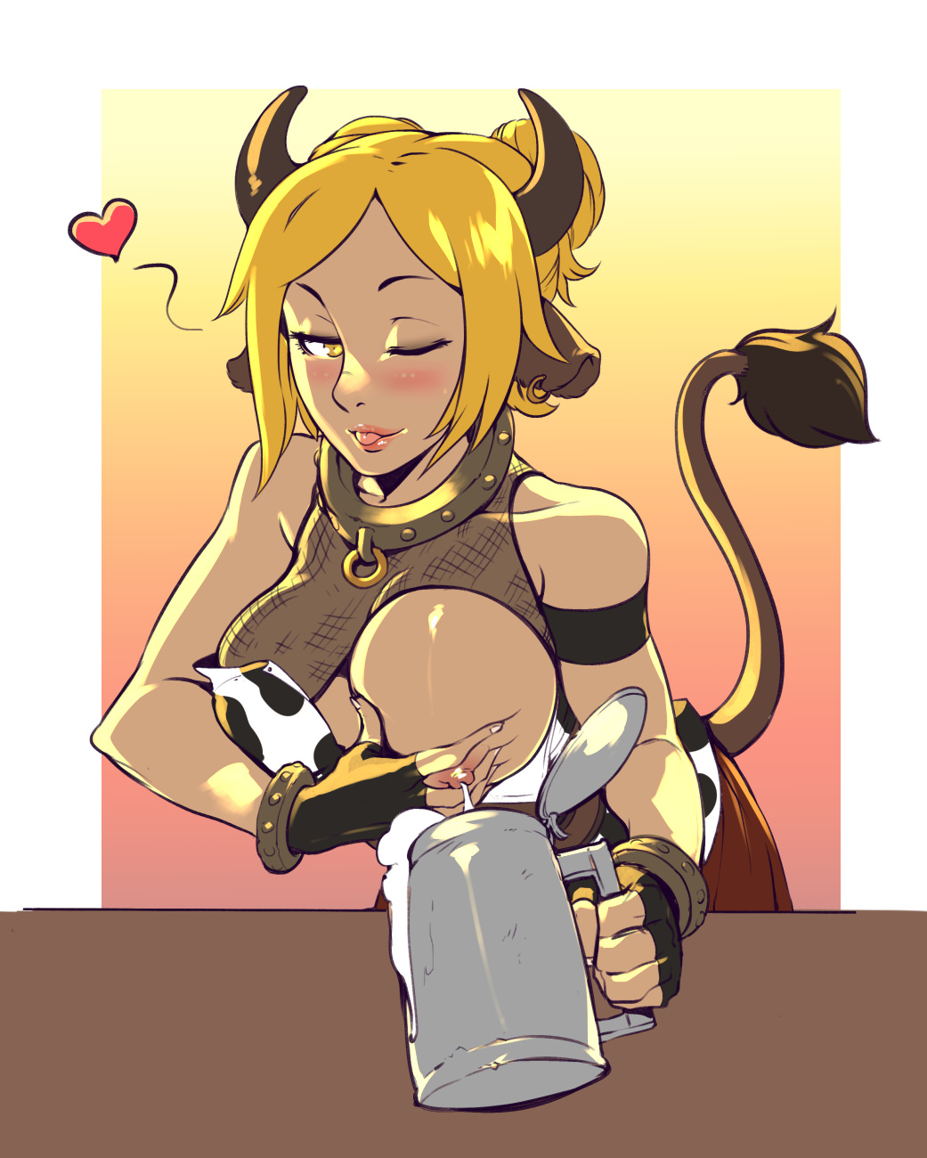 1girls, blonde hair, bovid, bovine, bovine humanoid, breast squeeze, breasts, brown fur, bush, collar, cow ears, cow girl, cow print, cow tail, d-rex, dress, ear piercing, female, fingerless gloves, fishnet shirt, fishnets, hair bun, hair buns, horns, kemonomimi, lactation, large breasts, mercanis (denesta), milk, milking, nipples, seductive, solo, squirting milk, tongue, tongue out, wink, wrist cuffs, yellow eyes
