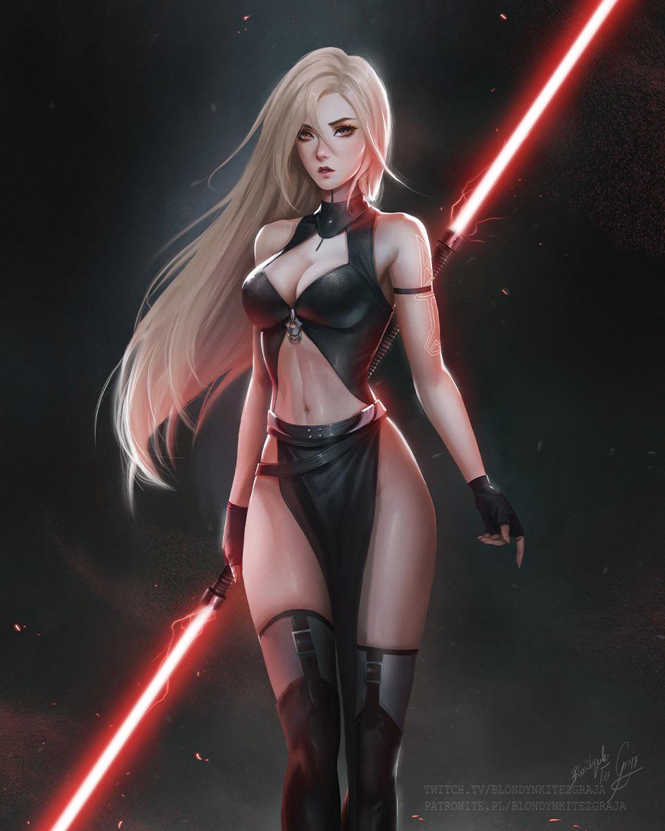 abs amber_eyes blonde_hair blondynkitezgraja bottomless cleavage double_bladed_lightsaber female fingerless_gloves fit_female gloves knee_boots large_breasts lightsaber loincloth long_hair no_panties original_character sith star_wars