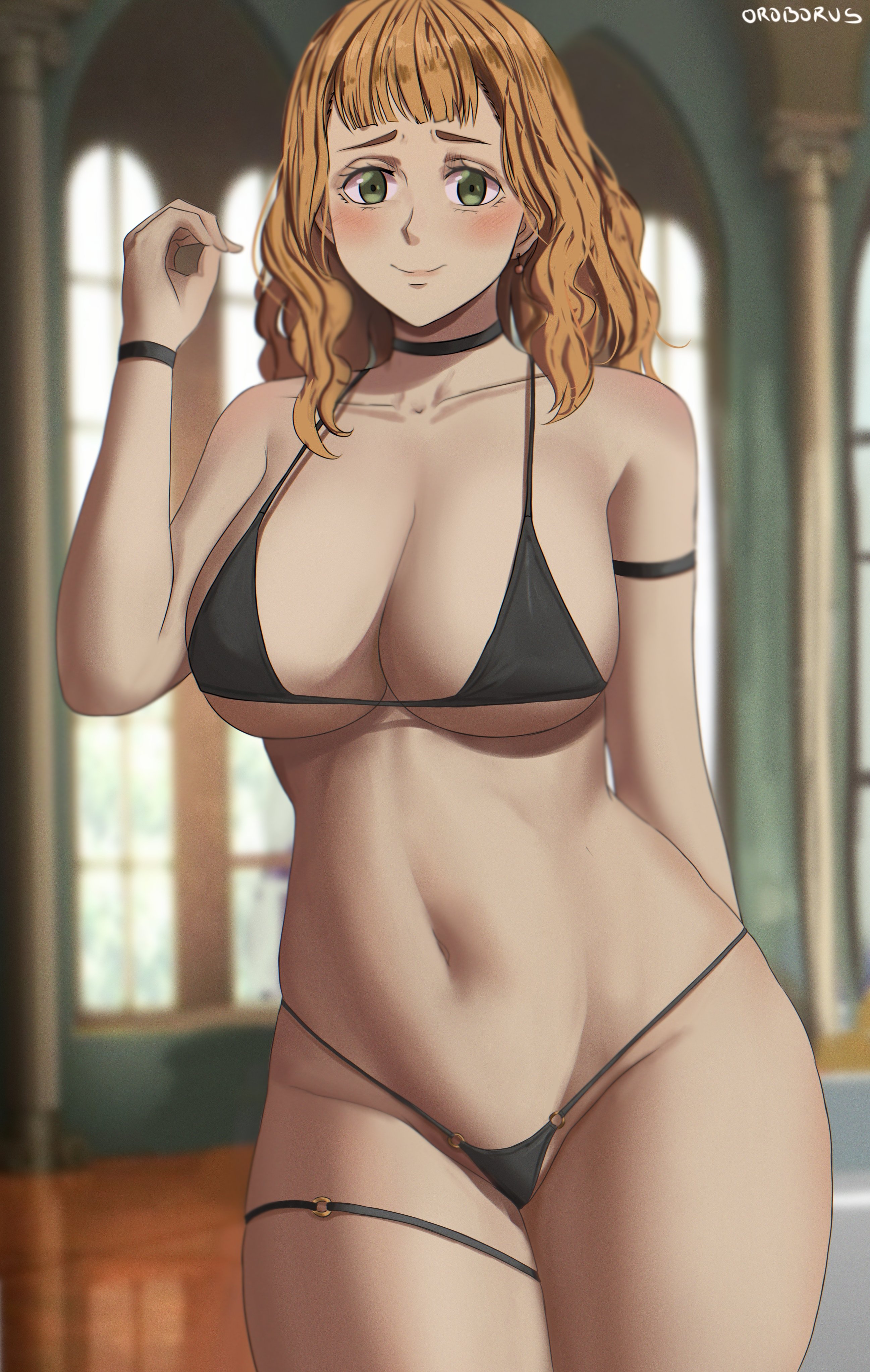 1girls, belly button, big breasts, bikini, black clover, blush, breasts, choker, curvy, curvy figure, female, female only, green eyes, large breasts, looking at viewer, midriff, mimosa vermillion, orange hair, oroborusart, savagexthicc, smile, solo, solo female, swimsuit, tagme, thick, thick thighs, voluptuous