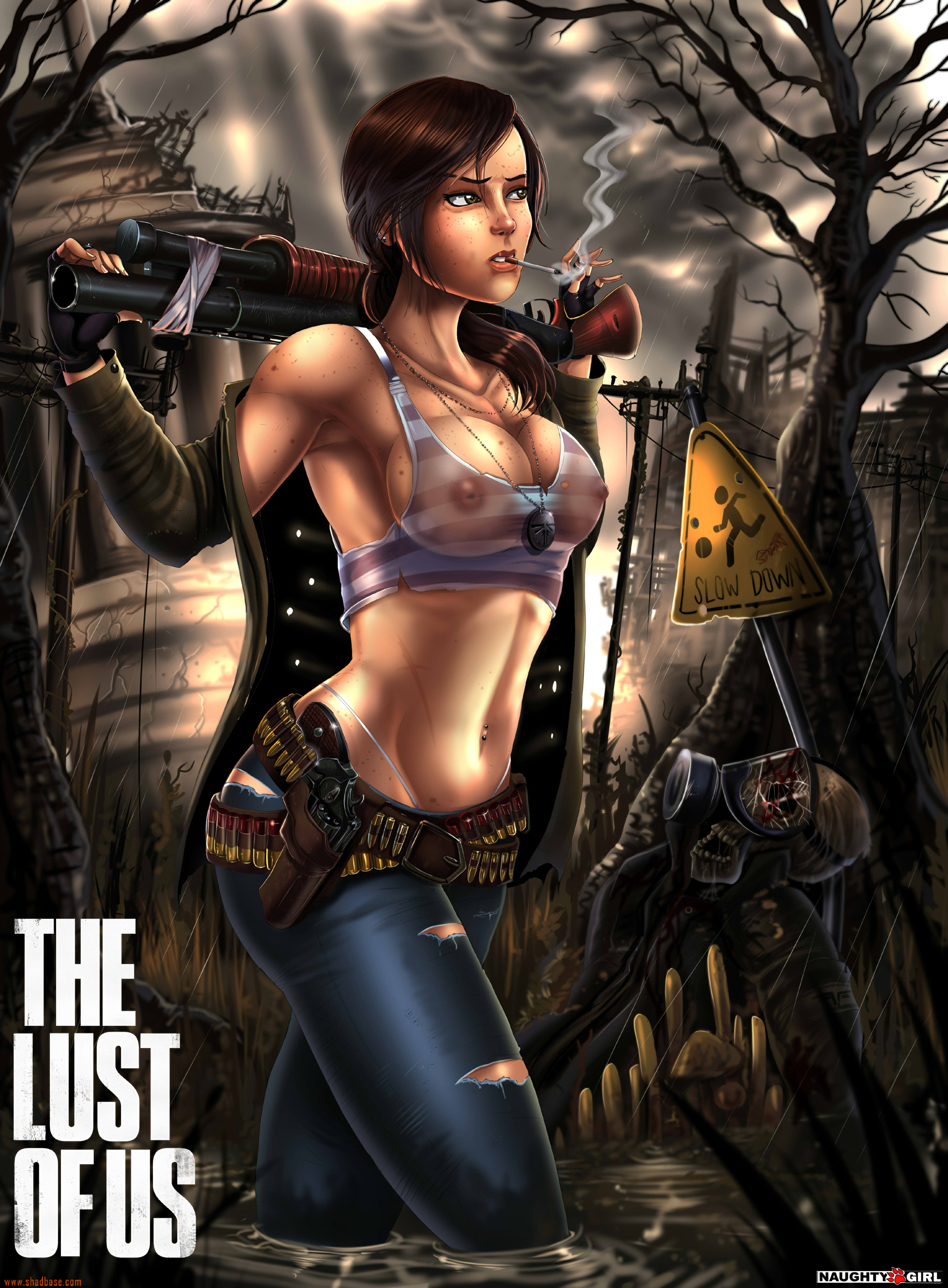 1girls, 2d, aged up, alternate body type, alternate breast size, belt, big breasts, bra, breasts, brown hair, bullets, busty, cigarette, cleavage, curvy, ellie (the last of us), ellie williams, female, female only, firearm, freckles, gun, highres, holster, hourglass figure, human, jeans, large breasts, midriff, naughty dog, navel, navel piercing, nipples, open shirt, outdoors, outside, panties, pants, partially submerged, pendant, ponytail, revolver, see-through, see-through bra, see-through clothing, sensual, shadman, shotgun, smoking, solo, standing, tank top, the last of us, thick thighs, thighs, thong, tied hair, tomboy, toned, toned female, weapon