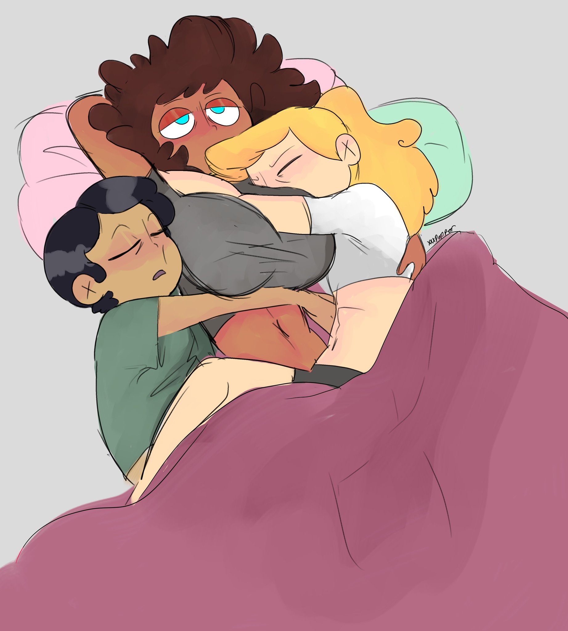 3girls, amphibia, anne boonchuy, asian female, big breasts, black hair, blonde female, blonde hair, blue eyes, breasts, brown hair, brown skin, clothing, dark hair, dark skin, disney, disney channel, female, female only, group, grumpy, human, light hair, marcy wu, pale skin, sasha waybright, sashannarcy, sleeping, taiwanese, teenager, thai, trio, white female, wholesome, xxxchillipepper (artist), yuri