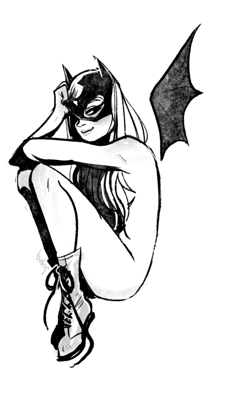 babs_tarr barbara_gordon bat_wings batgirl batman_(series) black_and_white boots boots_only dc dc_comics female female_only girl hair_covering_breasts mask mask_on_head masked naked naked_female nude nude_female nudity sitting