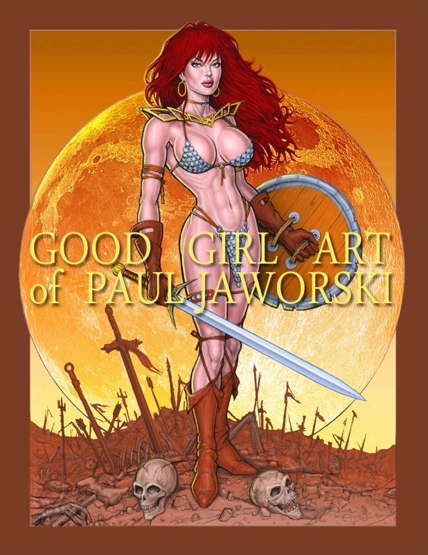 1girls boots chainmail chainmail_bikini fit_female gloves holding_weapon large_breasts loincloth long_hair looking_at_viewer paul_jaworski red_hair red_sonja red_sonja_(comics) shield skull sword voluptuous watermark