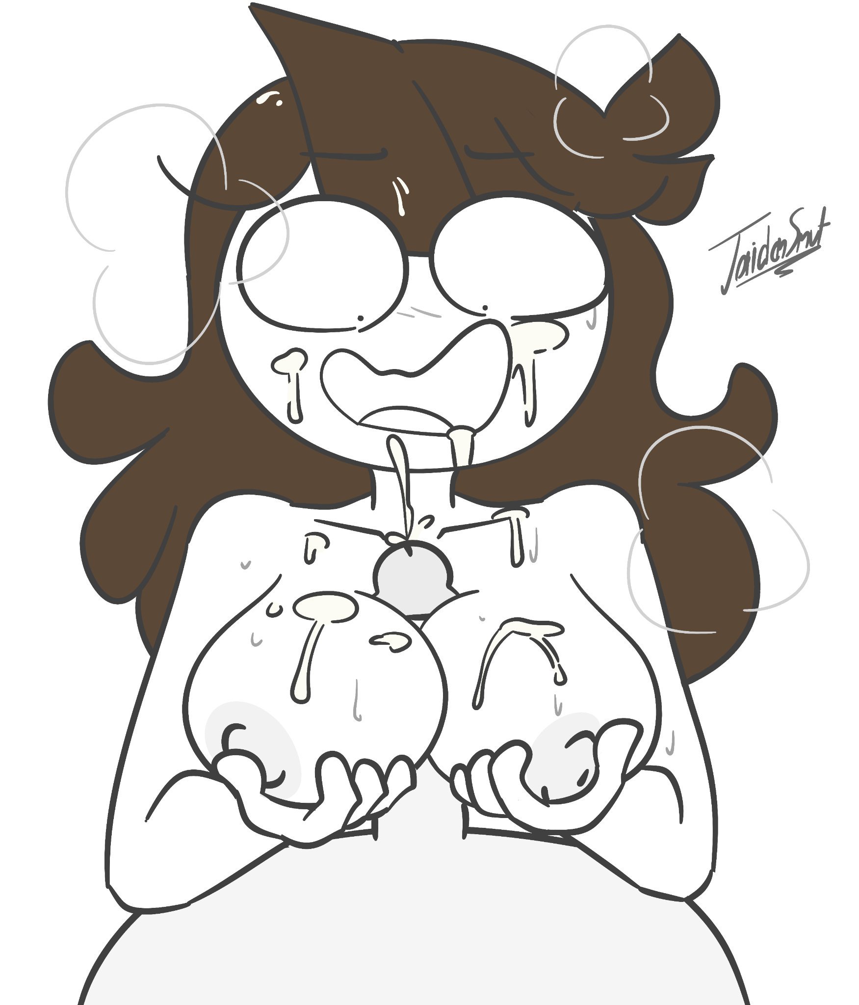 1boy, 1girls, 2019, anon, breasts, cum, cum in face, cum on breasts, cumming, faceless male, female, grabbing own breast, jaiden, jaiden animations, looking at penis, male, nude, nude female, nude male, open mouth, paizuri, penis, pov, shocked expression, signature, slobbyslapper, solo focus, sssir, sssir8, titjob, youtube