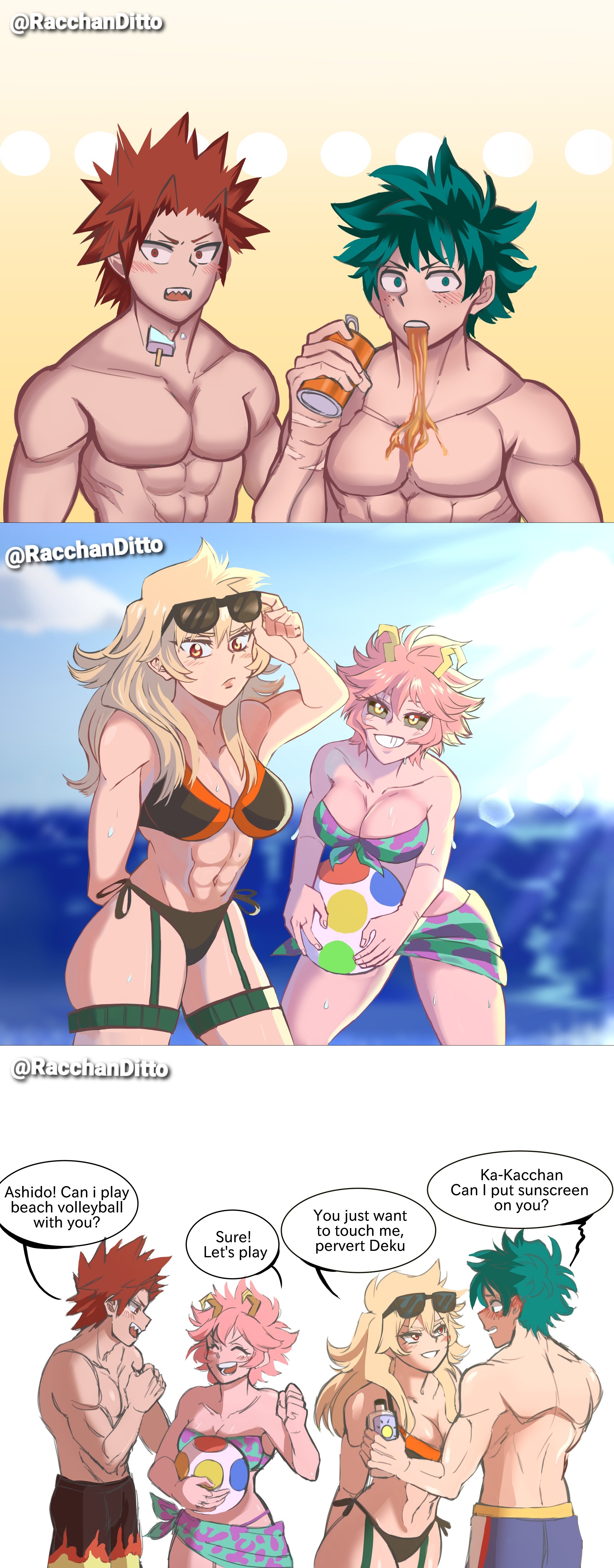 2boys, 2girls, abs, adult swim, ball (object), beach, beach ball, big breasts, bikini, black sclera, blonde hair, blush, breasts, busty, cleavage, eijirou kirishima, english text, female, female bakugou, green eyes, green hair, horns, izuku midoriya, jaw drop, katsuki bakugou, male, mina ashido, muscular, muscular female, muscular male, my hero academia, ocean, pink hair, pink skin, red eyes, red hair, rule 63, seaside, spiky hair, spilling drink, straight, summer, surprised, text, toonami