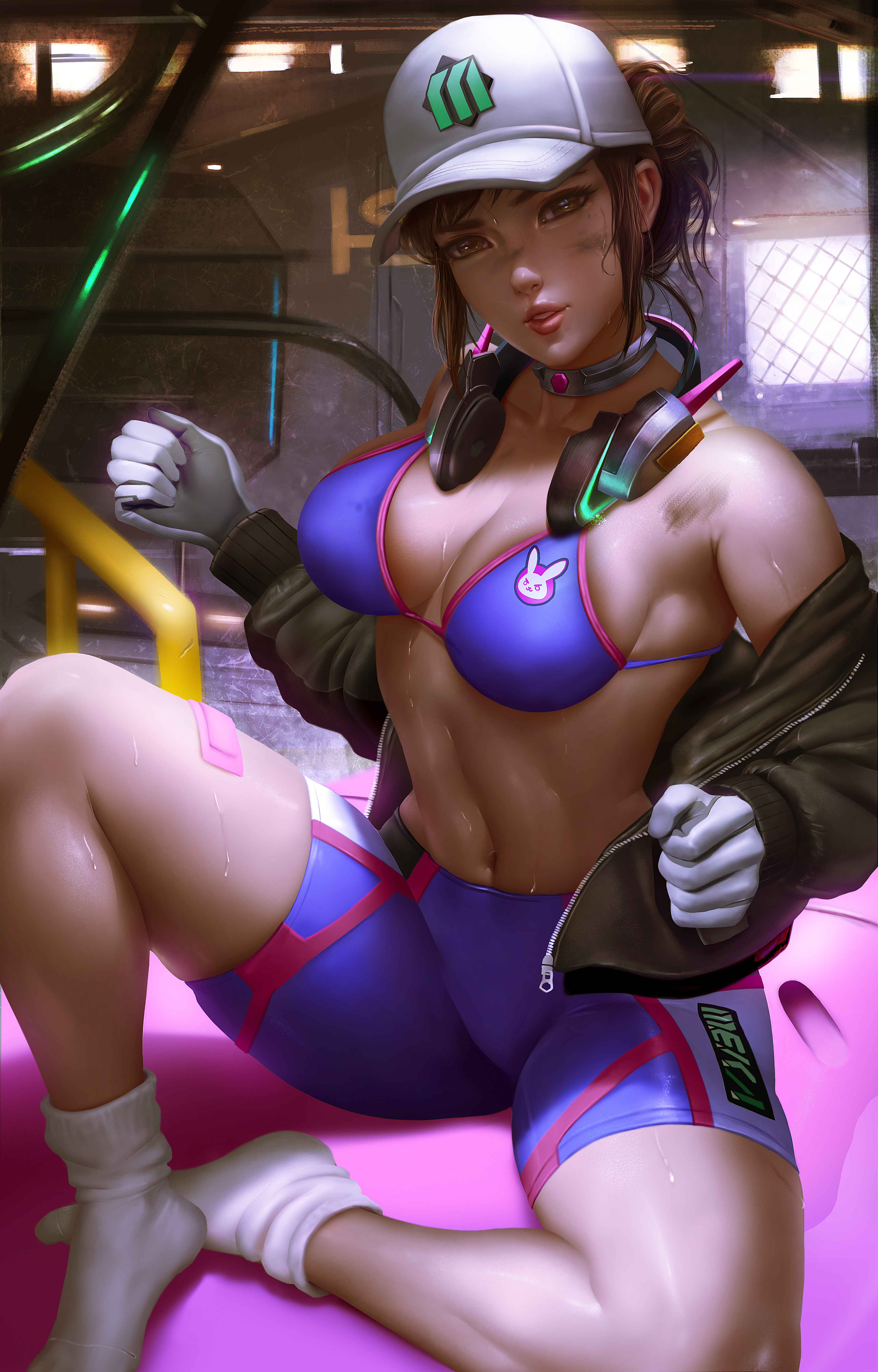 abs, alternate costume, blizzard entertainment, bra, breasts, cleavage, d.va, female, female only, high resolution, highres, logan cure, looking at viewer, overwatch, shooting star d.va, socks, solo, sweat