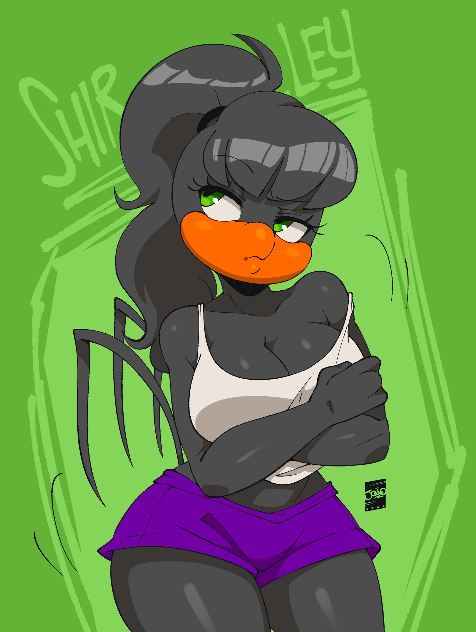 1girls, 4 fingers, anthro, anthro only, anthrofied, arms under breasts, avian, avian humanoid, bare shoulders, bedroom eyes, big breasts, bird, black body, black hair, black skin, breasts, cleavage, eyebrows, eyebrows visible through hair, eyelashes, female, female only, green background, green eyes, hair, half-closed eyes, hips, hourglass figure, huge breasts, humanoid, joaoppereiraus, large breasts, shirley (joaoppereiraus), shorts, solo, solo female, tank top, thick, thick thighs, thighs, voluptuous, wide hips