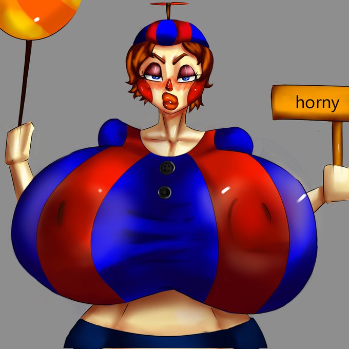 1girls balloon balloon_boy_(fnaf) big_ass bimbo bimbo_lips bimbofication bimbofied blush clothed fableeg female five_nights_at_freddy's five_nights_at_freddy's_2 five_nights_in_anime horny horny_female huge_breasts hyper_bimbo looking_at_viewer looking_pleasured nipple_bulge red_lipstick rule_63 sign solo white_skin