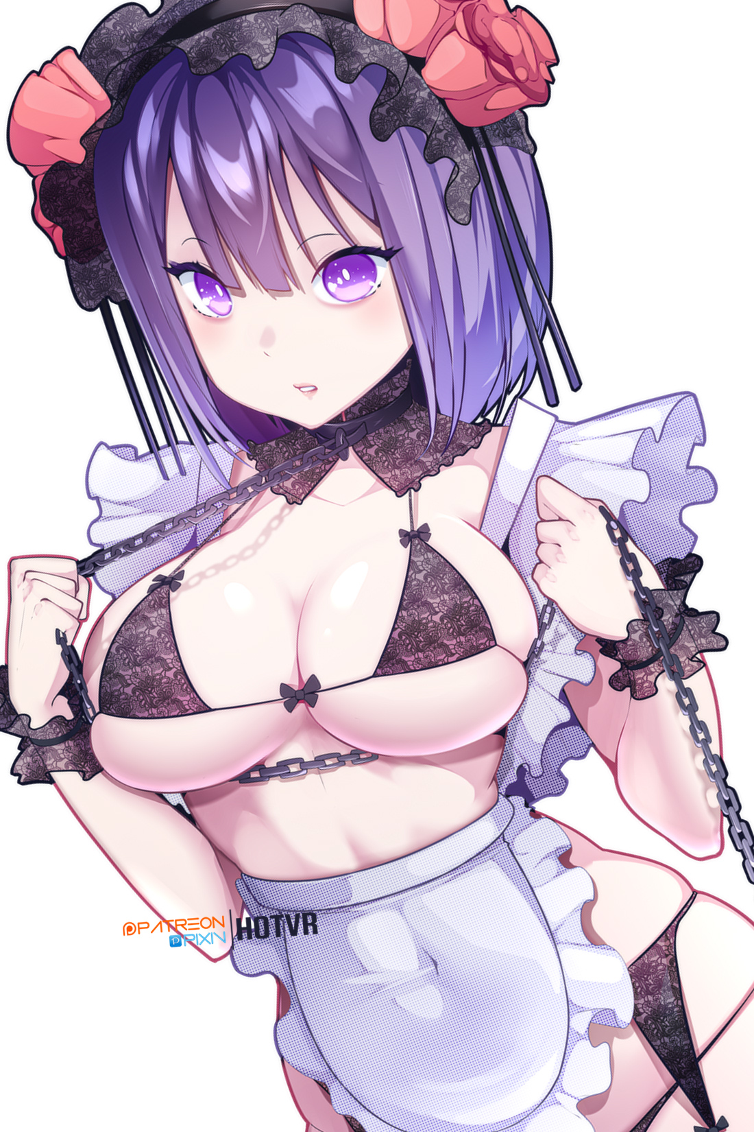 1girls, apronbreasts, breasts, chain, chain leash, cleavage, collar, cosplay, female, female focus, garter belt, gyaru, hotvr, kitagawa marin, kuroe shizuku (cosplay), lingerie, maid, maid headdress, maid uniform, micro bikini, navel line, purple eyes, purple hair, solo, sono bisque doll wa koi wo suru, thong, underboob, white background