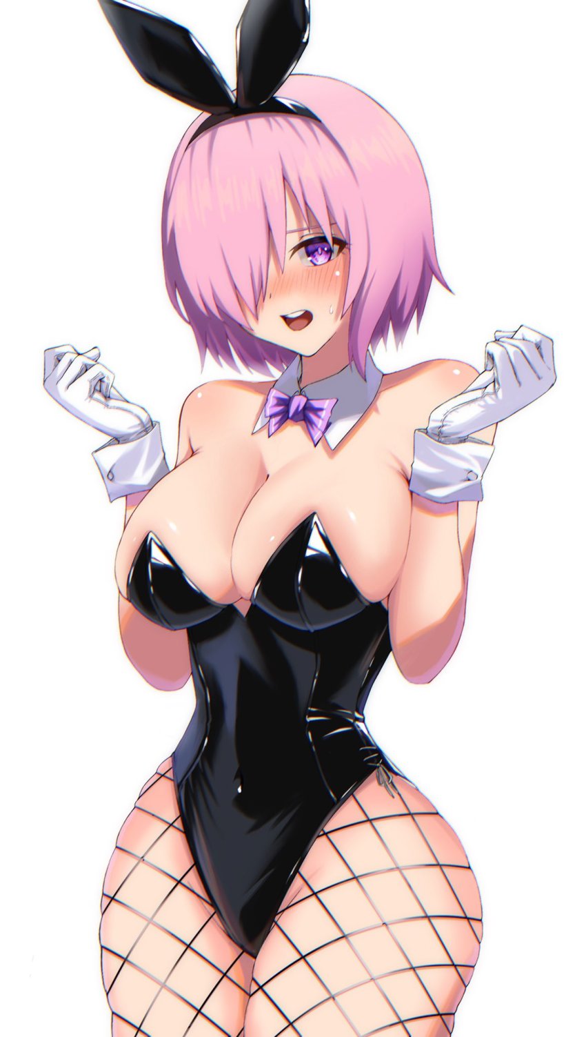 breasts bunny_ears bunny_girl bunnysuit cleavage fake_animal_ears fate/grand_order fate_(series) hair_over_one_eye large_breasts mash_kyrielight open_mouth pantyhose pink_hair purple_eyes shooot108 short_hair strapless sweat thick_thighs thighs thunder_thighs uncensored white_gloves wrist_cuffs