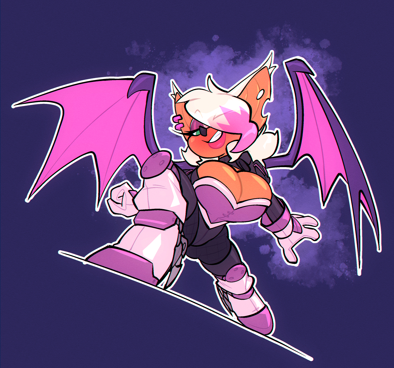 1girls, anthro, bat, bedroom eyes, big breasts, bigdad, bodysuit, boots, breasts, busty, chiropteran, cleavage, clothed, clothed female, clothes, clothing, dyed hair, ear piercing, earrings, eyelashes, eyeshadow, female, footwear, front view, full body, fully clothed, furry, gloves, green eyes, hair, hair over one eye, half-closed eyes, handwear, heels, high heel boots, high heels, highlights (coloring), large breasts, legs, legs apart, lipstick, looking at viewer, low-angle view, makeup, medium hair, one eye covered, one eye obstructed, piercing, pink eyeshadow, pink hair, pink highlights, pink lipstick, pose, posing, rouge the bat, seductive, seductive eyes, seductive look, seductive smile, sega, skin tight, smile, smiling, smiling at viewer, solo, sonic (series), teeth, thighs, tight clothing, white hair, wings