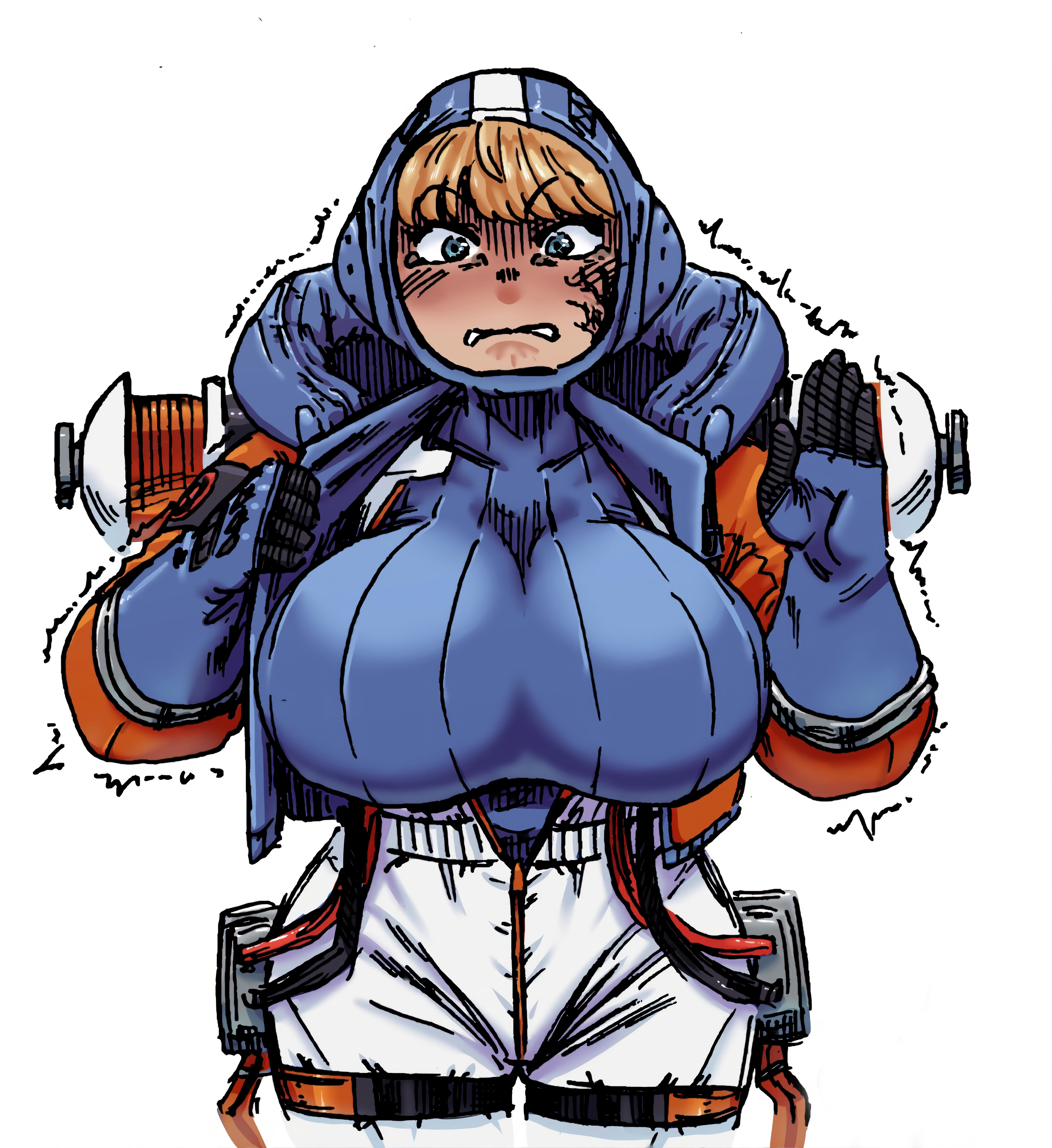 1girls, alternate breast size, angry, apex legends, ass, belt, big ass, big breasts, big butt, big hips, big thighs, blush, blush lines, bodysuit, bottom heavy, breasts, breasts out, breasts outside, bursting breasts, bursting clothes, female, female focus, female only, huge breasts, jumpsuit, looking at another, outgrowing clothes, simple background, stretched clothing, thick, thick ass, thick hips, thick legs, thick thighs, tight clothes, tight clothing, tights, unknown artist, wattson (apex legends)