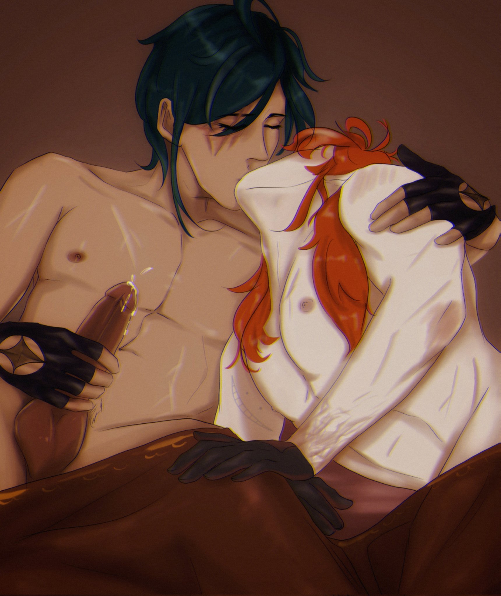 2boys, adoptive siblings, blue hair, burn scar, dark skin, dark-skinned male, diluc (genshin impact), erection, genshin impact, glove kink, gloves, incest, kaeya (genshin impact), kissing, kissogai, light skin, male, male only, masturbation, red hair, scar, scar across eye, scars, wholesome