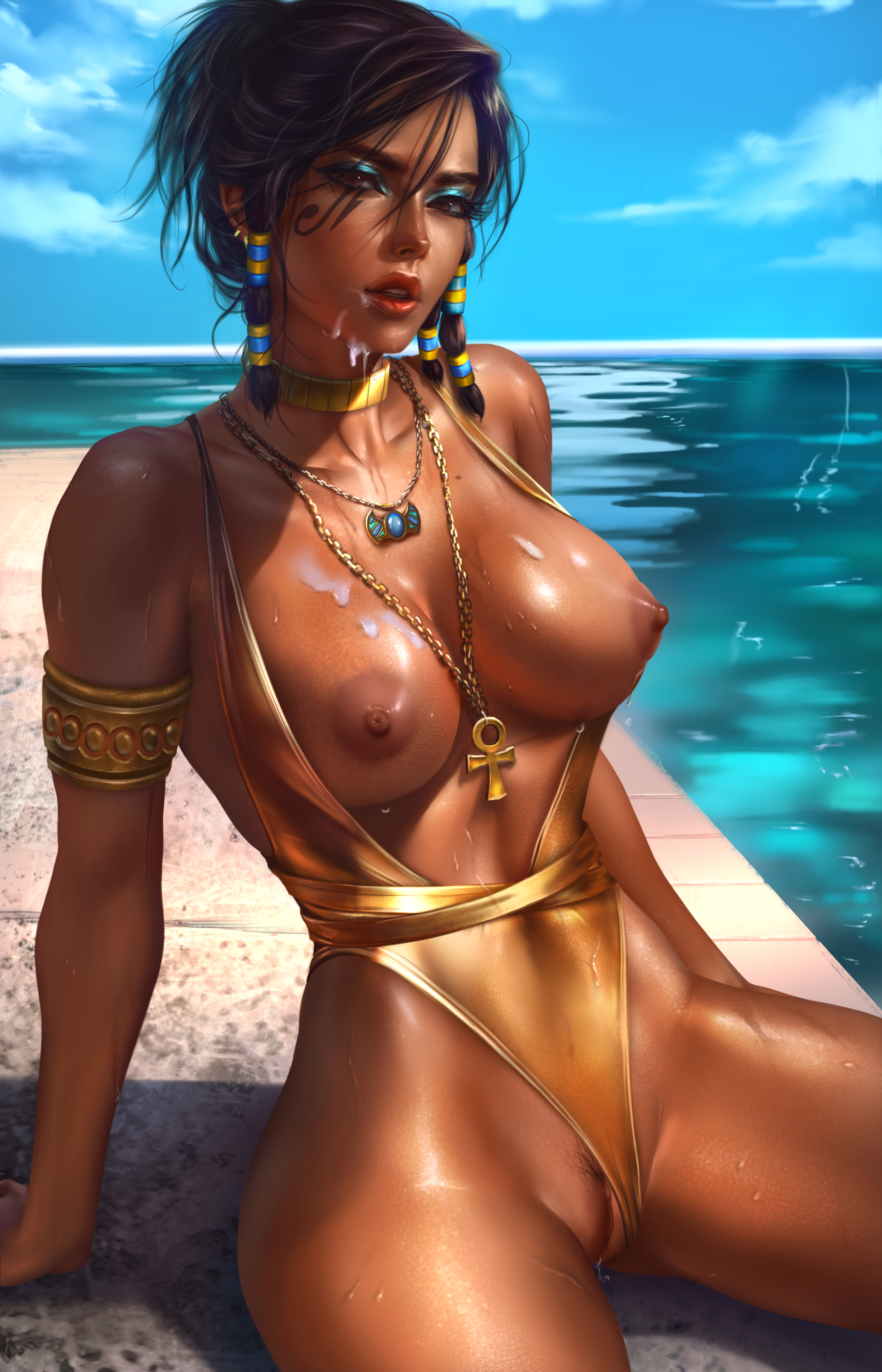 1girls, areolae, big breasts, black hair, blizzard entertainment, breasts, cum, cum on breasts, cum on chin, cum on face, dark skin, dark-skinned female, dripping pussy, eye of horus, female, female focus, female only, high resolution, highres, large breasts, logan cure, looking at viewer, makeup, mascara, nipples, one-piece swimsuit, overwatch, pharah, pubic hair, pussy, pussy juice, solo, swimsuit, swimsuit aside, tattoo
