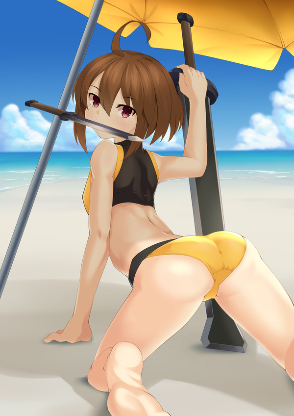 1girls ass ass_focus ass_up beach brown_hair knife linne looking_at_viewer swimsuit swimwear sword thick_thighs under_night_in-birth