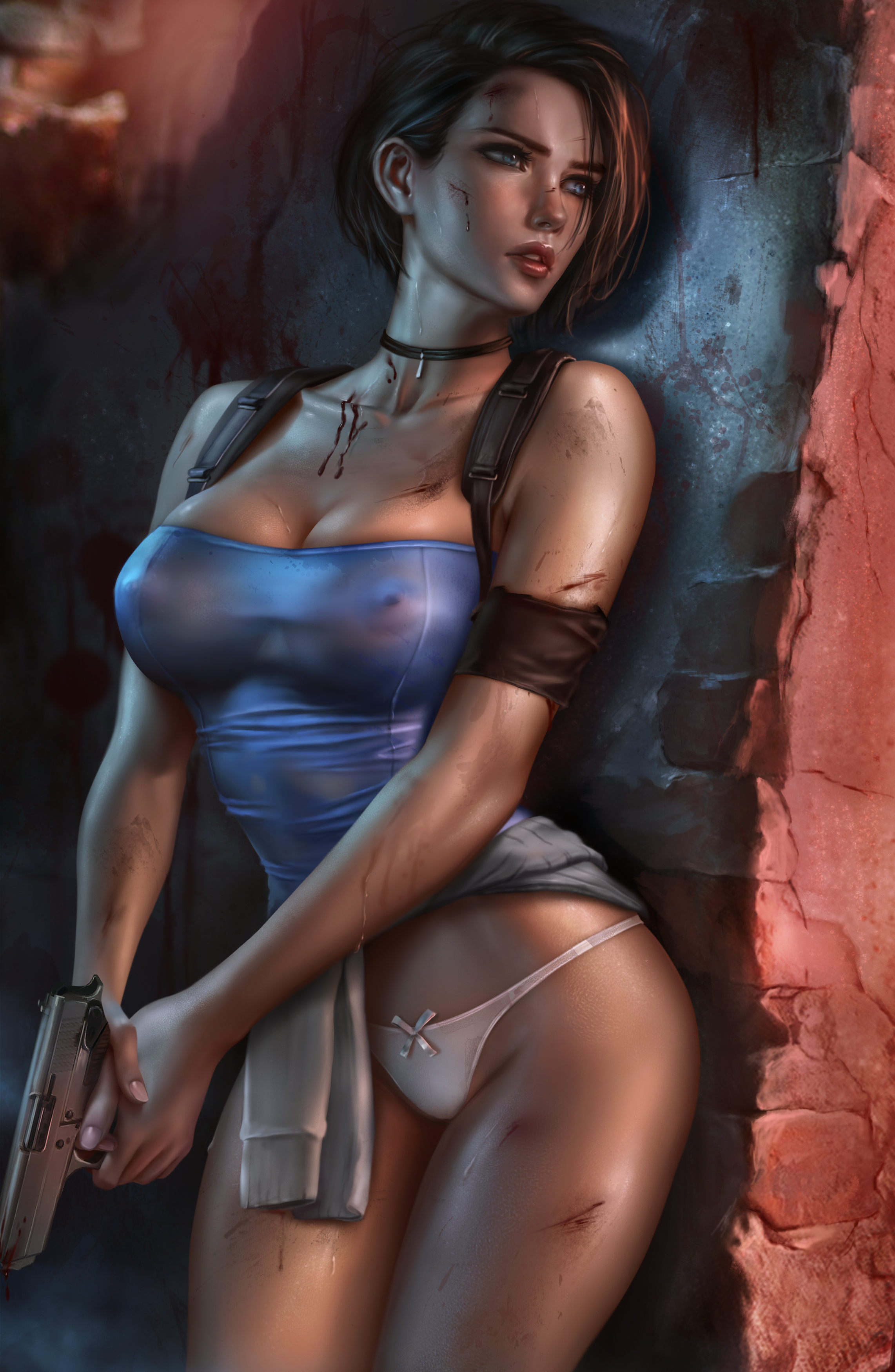 blood, blue eyes, brown hair, bruises, cameltoe, capcom, cuts, dirty, female, high resolution, highres, jill valentine, jill valentine (sasha zotova), logan cure, nipples visible through clothing, no skirt, panties, pussy, resident evil, resident evil 3, resident evil 3 remake, short hair, small panties, sweat, thong, transparent clothing, tubetop, wet, white thong
