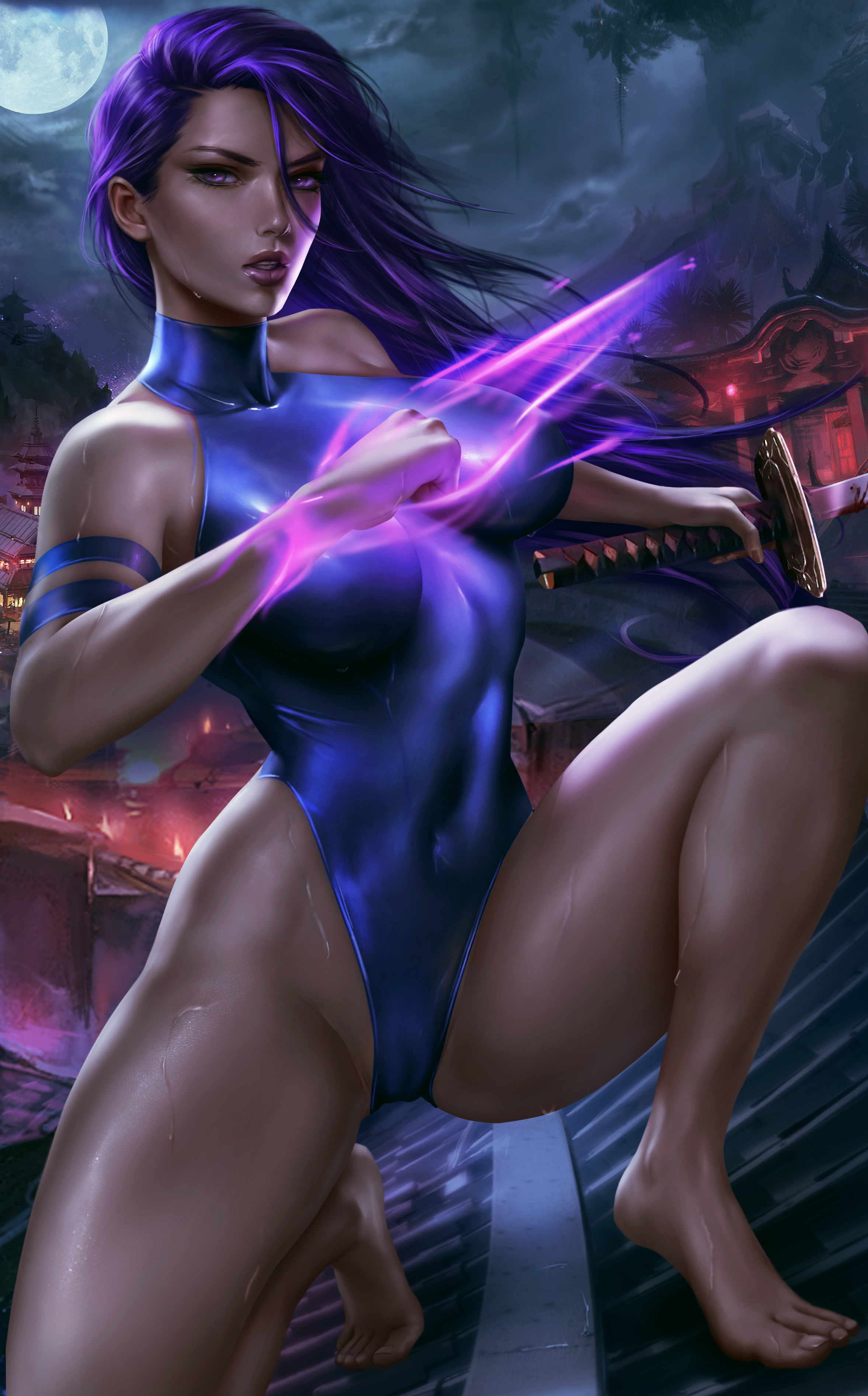 1girls, action pose, barefoot, bodysuit, feet, female, female focus, female only, full moon, high resolution, highres, logan cure, marvel, marvel comics, psylocke (kwannon), purple eyes, purple hair, solo, straight hair, sword, tight clothing, toes, x-men